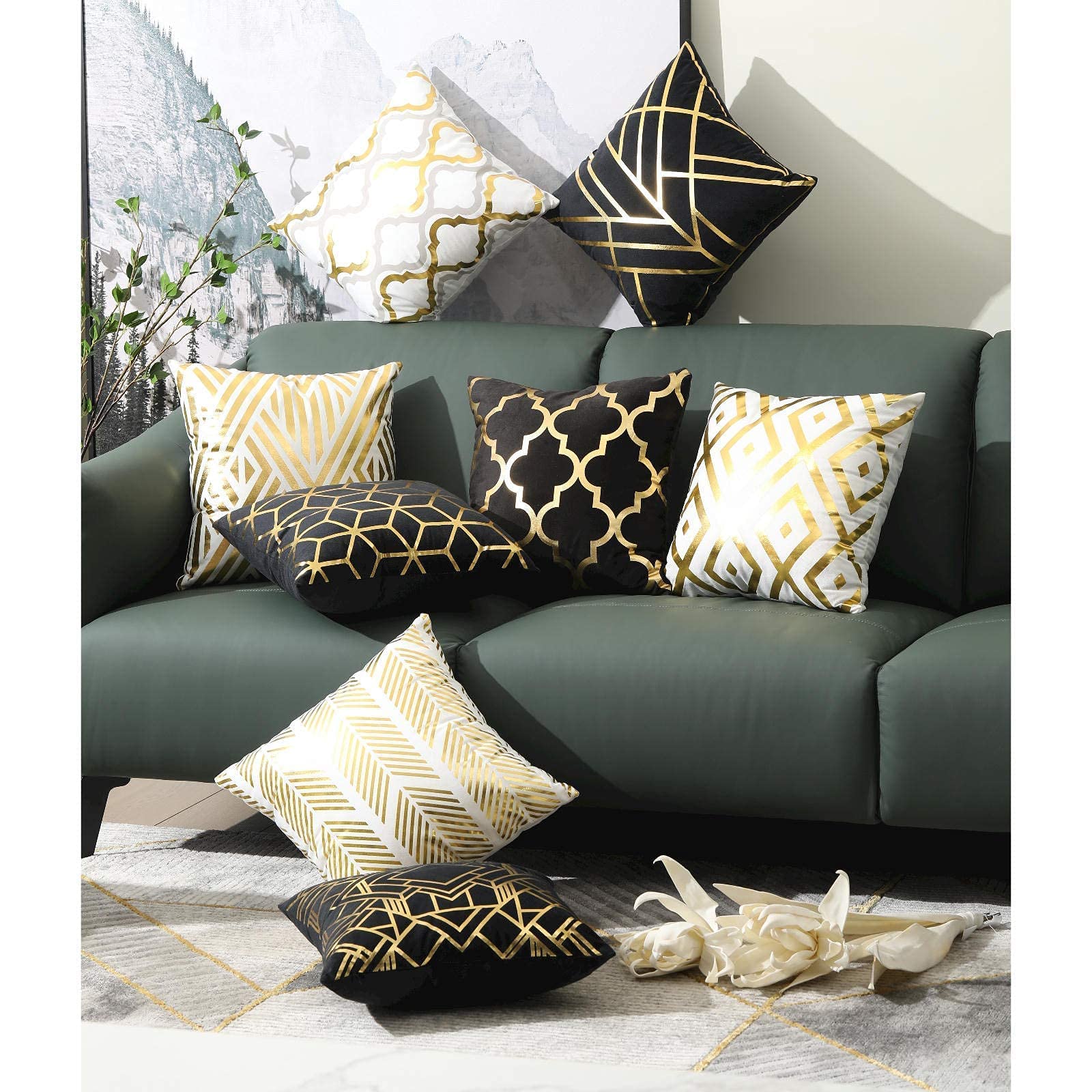 ZLINA Set of 4 18×18 Inch Gold Foil Geometric Throw Pillow Covers - Black White & Gold Square Cushion Covers for Sofa, Couch, Bedroom Decor | Perfect for Living Room, Home Styling and Gift Giving