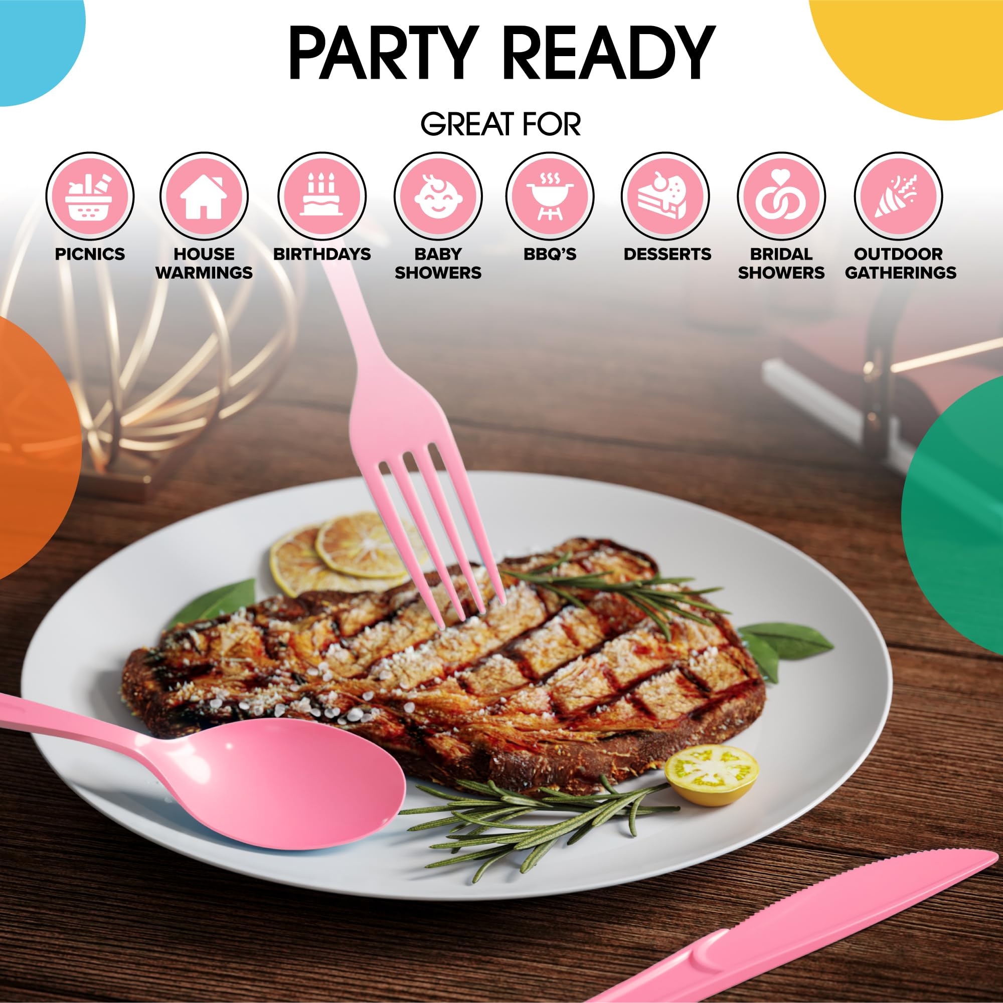 50 Pack Heavy Duty Pink Plastic Spoons - Disposable Cutlery Set for Parties, Picnics, BBQs & Events - Durable Flatware & Silverware for Home, Office & Outdoor Dining