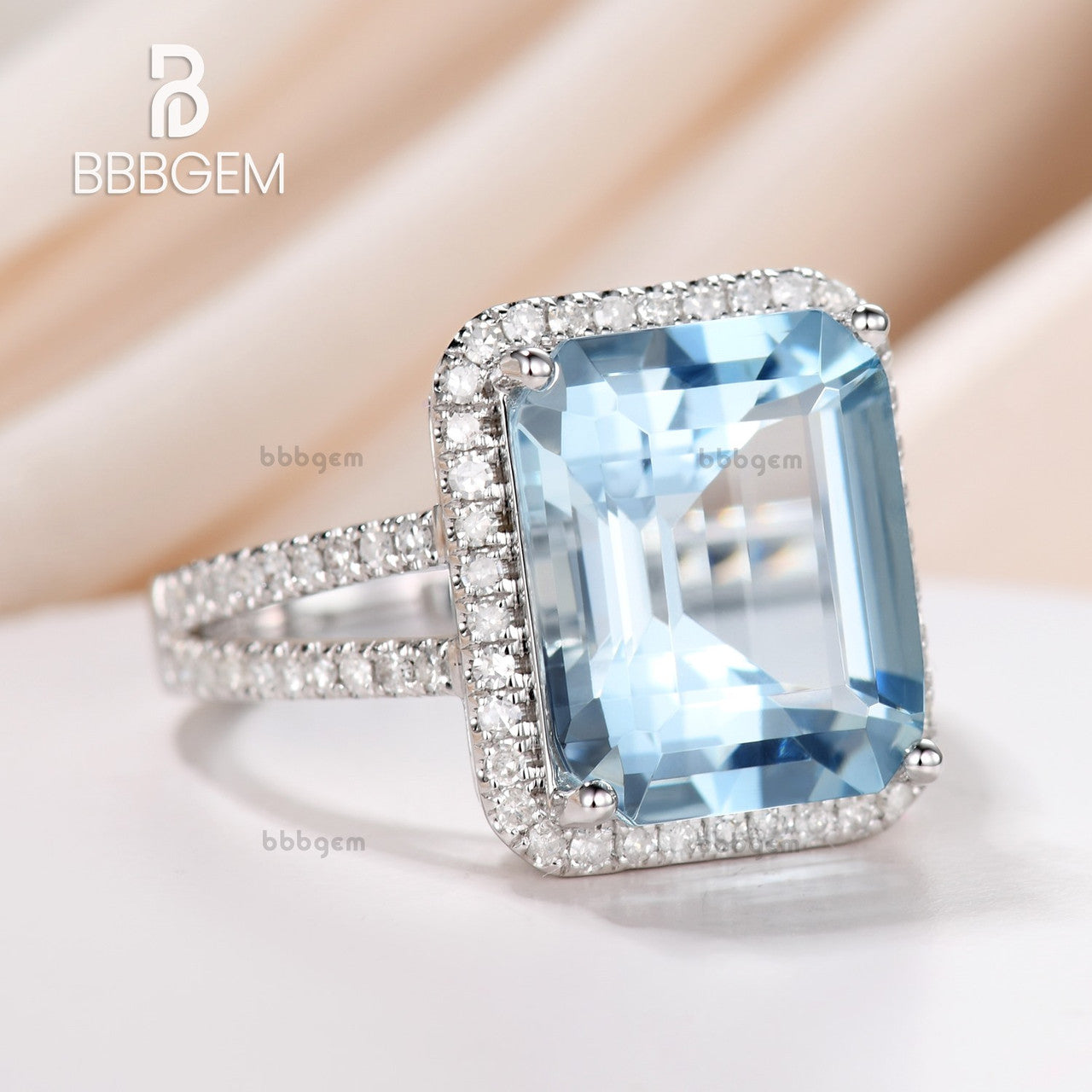10x12mm Emerald Cut Aquamarine Engagement Ring - 14k White Gold Diamond Wedding Band with Split Shank Halo Prong Setting | Perfect for Proposals, Anniversaries & Bridal Jewelry