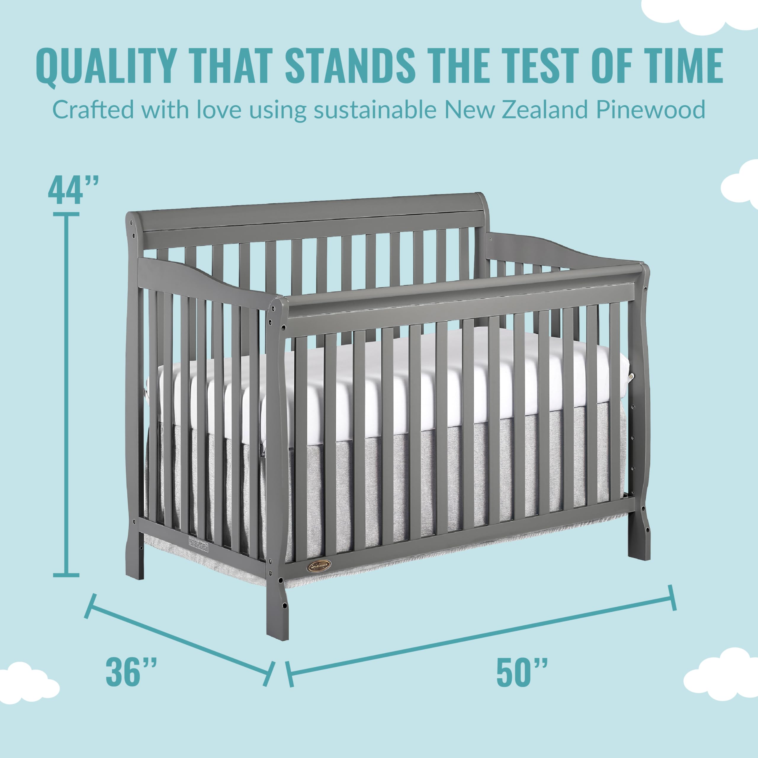 Dream On Me Ashton 4-in-1 Convertible Crib - Storm Grey | GREENGUARD Gold & JPMA Certified | Non-Toxic Solid Pinewood | 4 Adjustable Mattress Heights | Nursery & Baby Room Essential