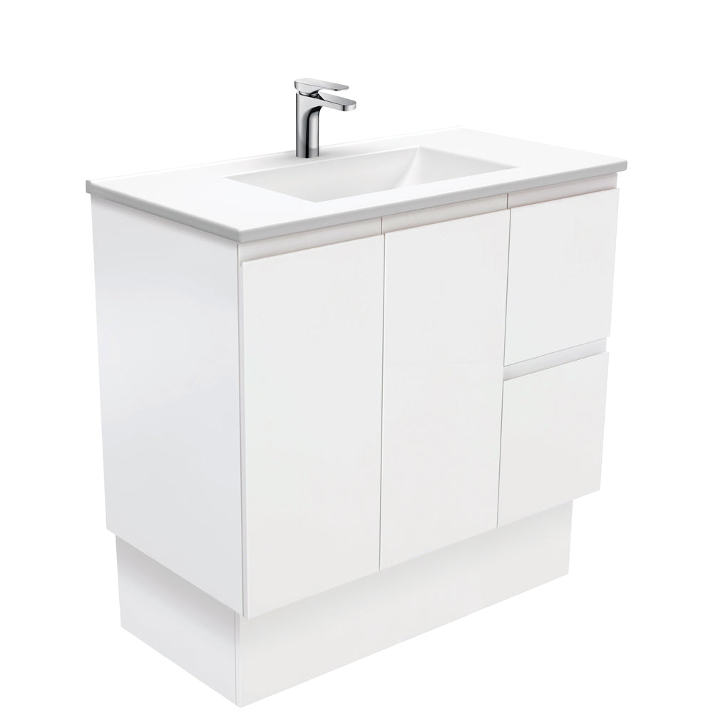 Fienza VAN90ZKR Vanessa 36-Inch Bathroom Vanity with Fingerpull Satin White Finish, Right Drawers & Kickboard - Perfect for Modern Bathroom Renovations & Small Space Solutions