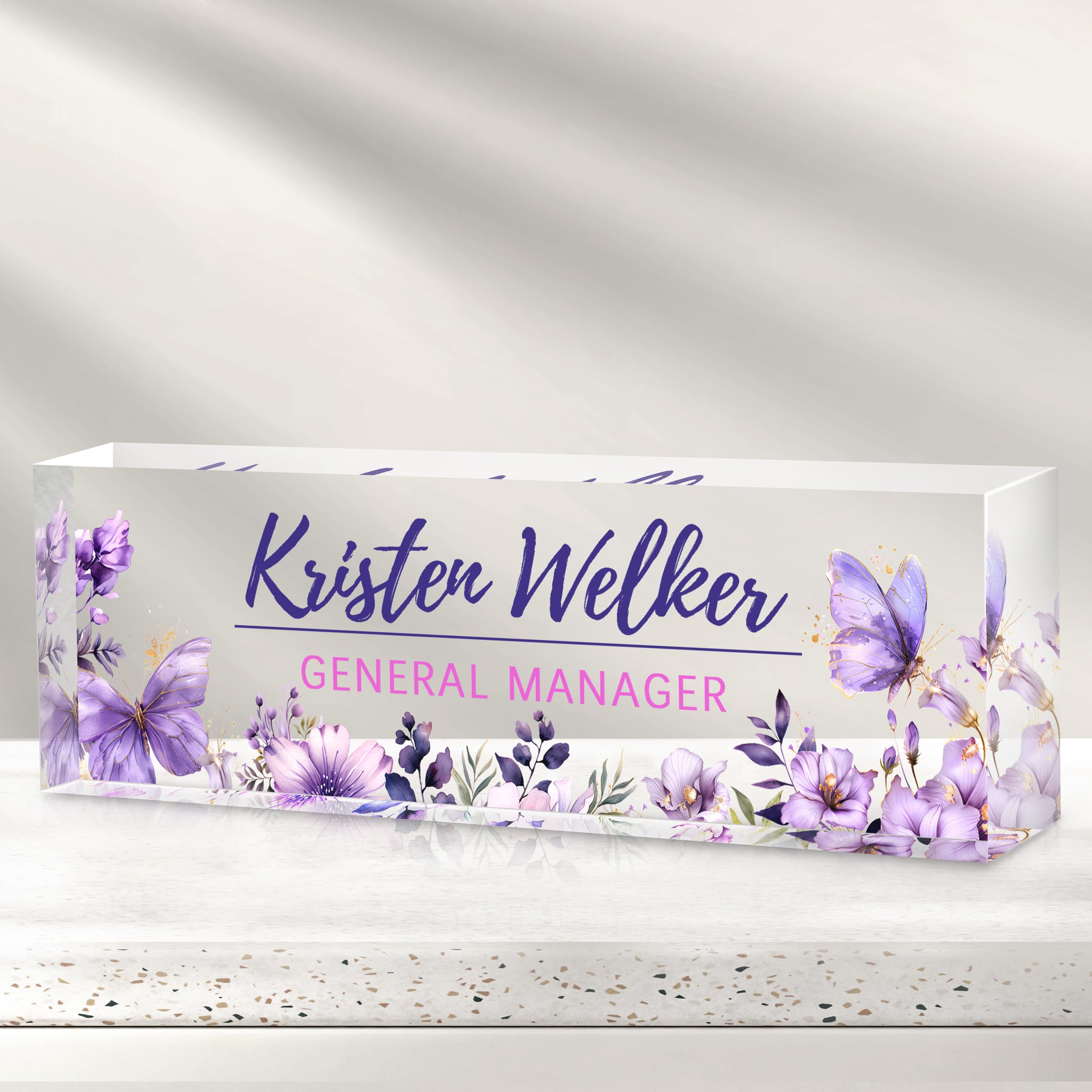 Custom Personalized Office Name Plate for Desk - Engraved Wooden Name Sign for Coworkers, Boss, Employees, Teacher, Nurse - Unique Office Desk Decor & Employee Appreciation Gift for Women & Men (Purple Garden Design) - Perfect for Corporate Gifts, Retirement Presents & Office Decorations