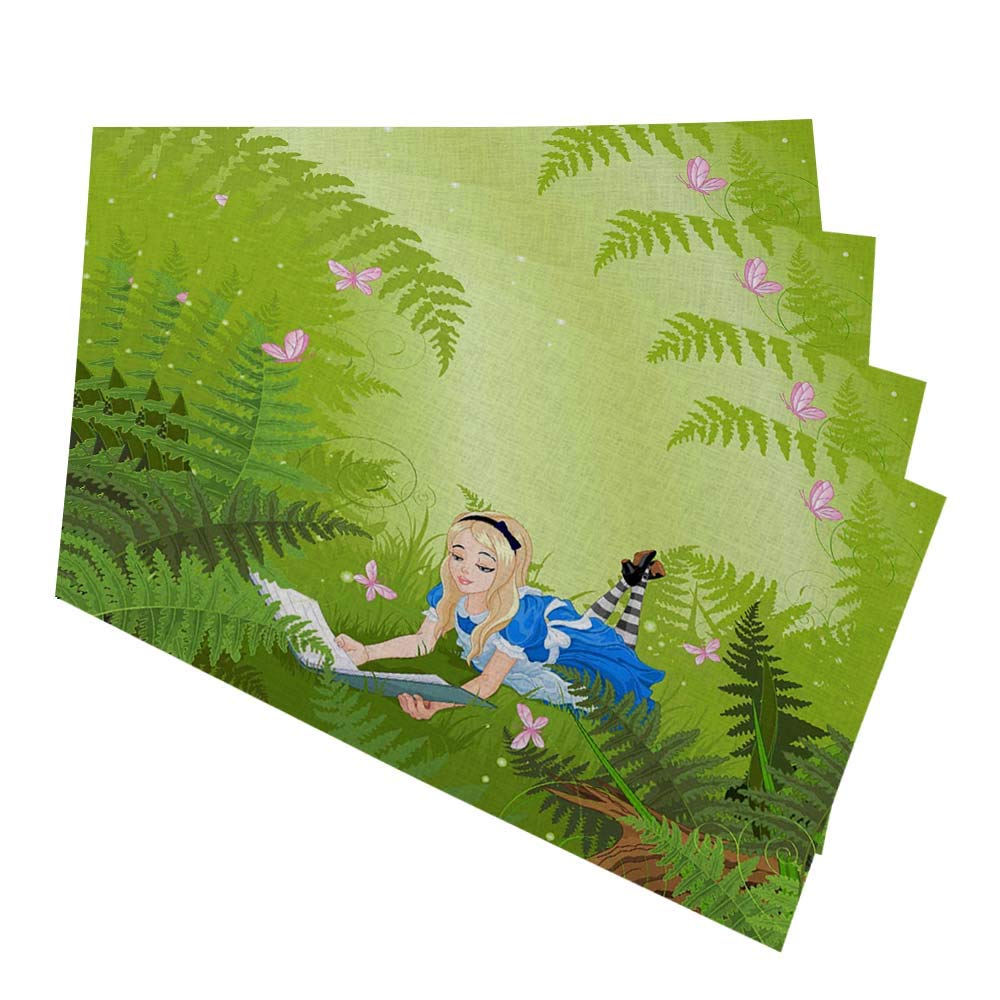Wonderland Alice Reading Book on Fern Lawn Table Mats - Set of 4 Washable Fabric Placemats for Dining Table | Indoor Home Decor, Tea Party, Fantasy Theme Dining