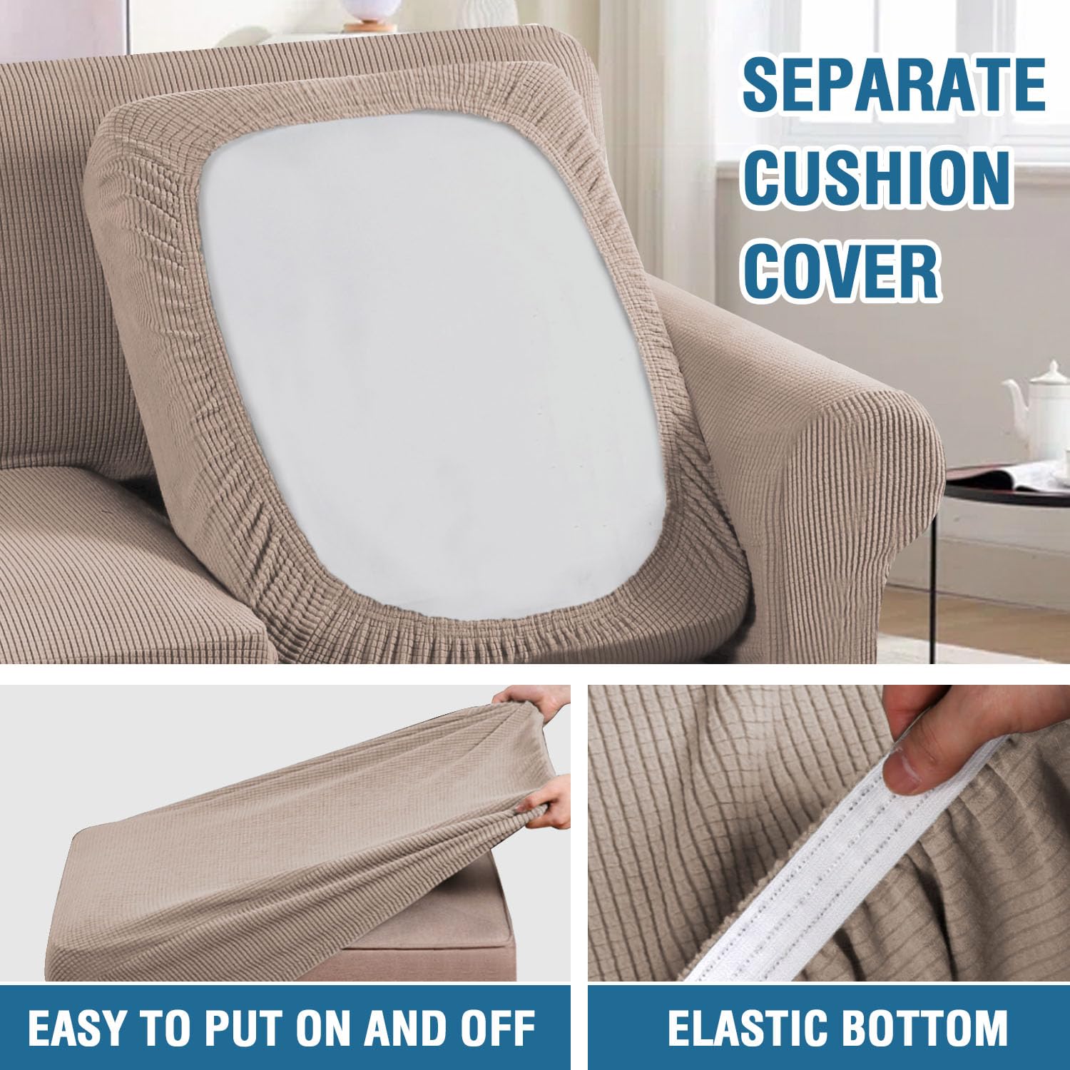 H.VERSAILTEX 4-Piece Stretch Sofa Cover Set - Jacquard Fabric Couch Covers for 3-Cushion Sofa & 2-Cushion Loveseat, Thick Durable Slip-Resistant Furniture Protector (Sand Color) - Perfect for Living Room, Family Room, and Pet-Friendly Homes