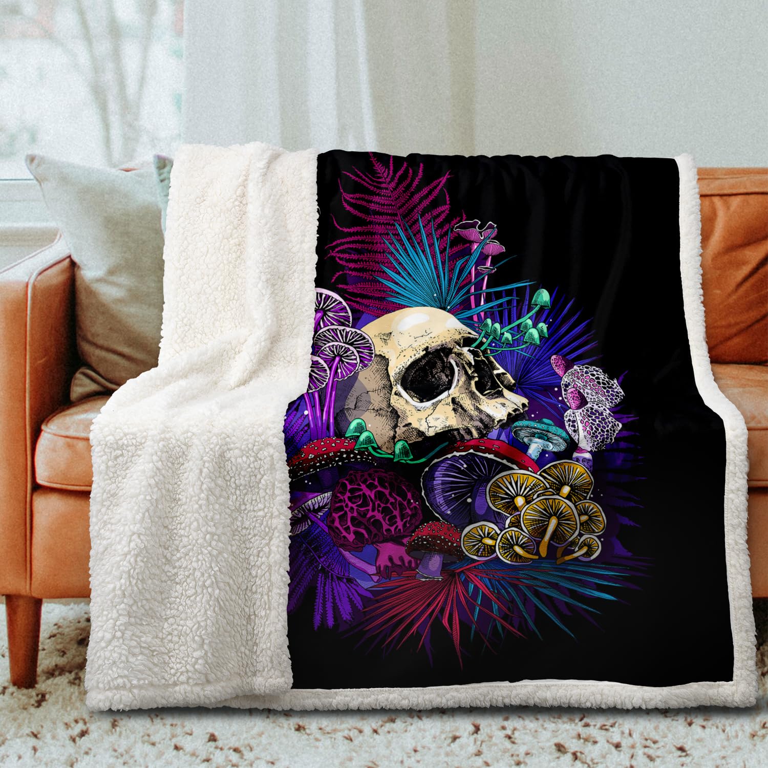 Soft Plush Mushroom Skull Throw Blanket 50x60 Inches - Gothic Sherpa Fleece Blanket for Couch, Sofa & Bed - Cozy Fluffy Blanket for Halloween, Christmas Gifts & Home Decor