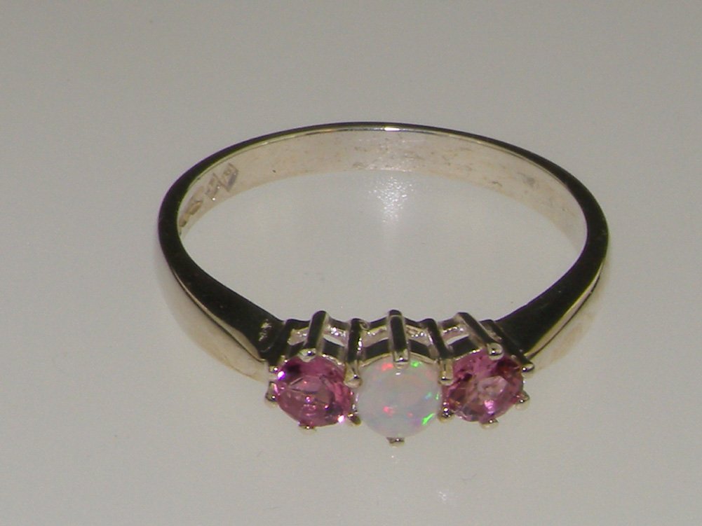 925 Sterling Silver Genuine Opal & Pink Tourmaline Women's Trilogy Ring - Elegant Anniversary Gift for Her, Wedding Band, Valentine's Day Present, Special Occasion Jewelry