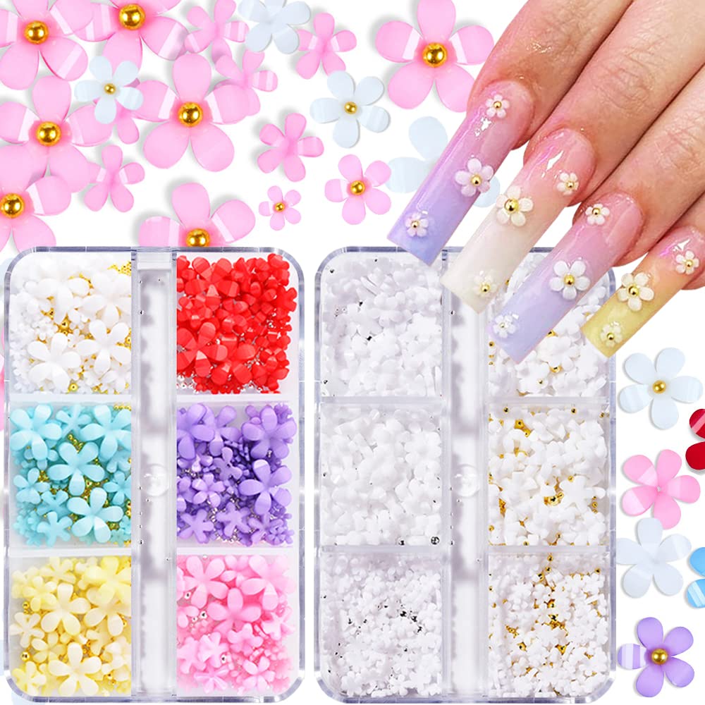 3D Acrylic Flower Nail Charms - 2 Boxes Cherry Blossom Nail Art Rhinestones with Pearls for DIY Manicure | Spring Nail Decorations for Wedding, Party & Special Occasions