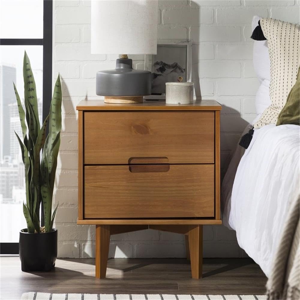 Walker Edison Mid Century Modern Wood Nightstand - 2 Drawer Bedside Table with Grooved Handle, Storage Shelf & Drawer, Caramel Finish - Perfect for Bedroom, Living Room, or Office Use