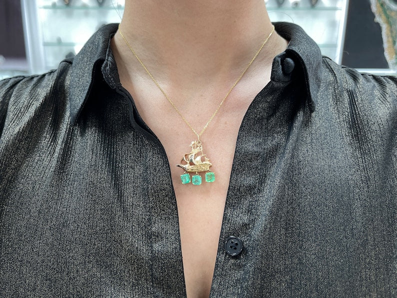 2.95tcw 14K Gold Colombian Emerald & Diamond Pirate Sailor Boat Pendant Necklace - Perfect for Nautical Themed Parties, Beach Vacations & Unique Gifts