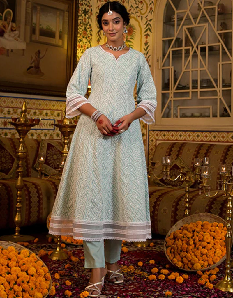 Anarkali Kurta Trouser With Dupatta Set - Pure Cotton Pista Green Indian Ethnic Wear for Women - Perfect for Festivals, Weddings & Cultural Events