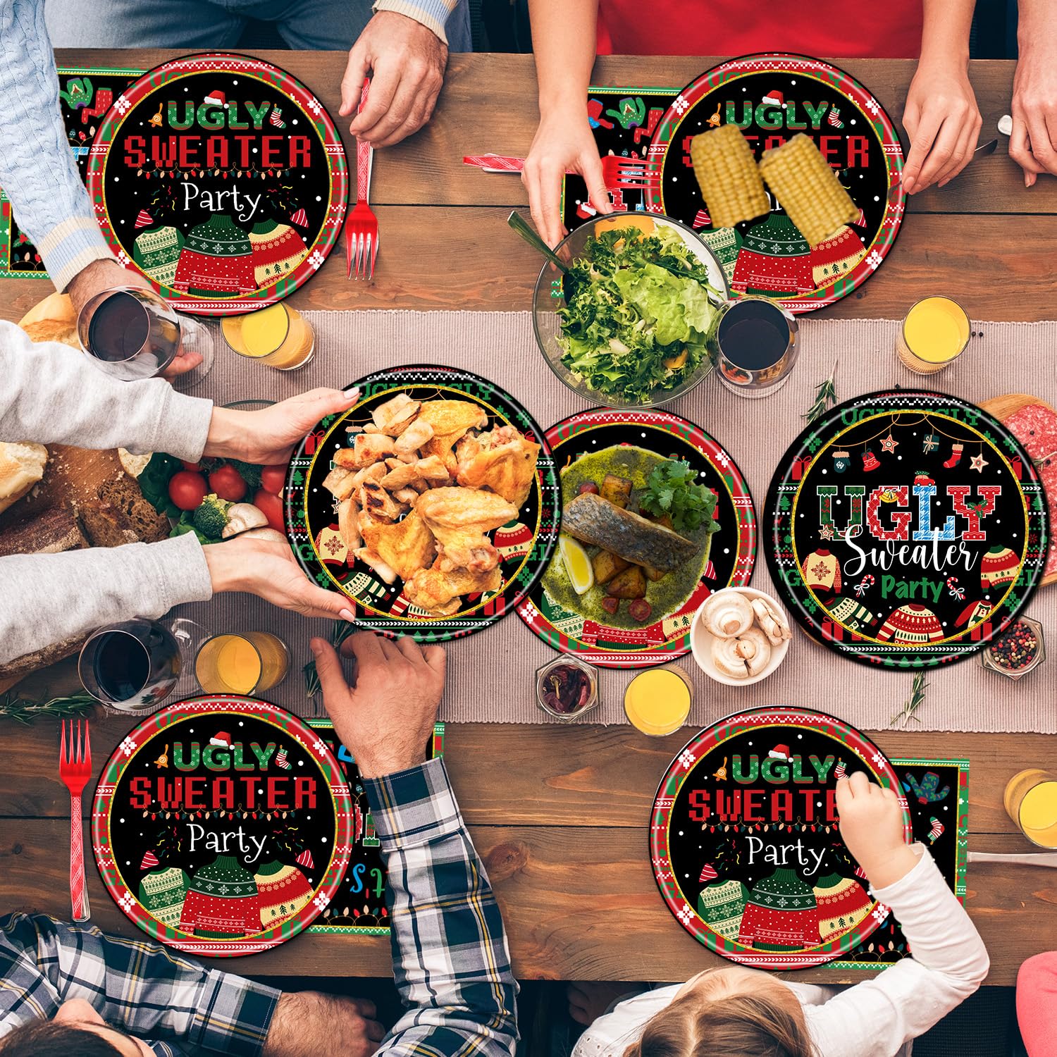 96PCS Ugly Christmas Sweater Party Supplies Set - Disposable Plates, Napkins & Forks for 24 Guests | Tacky Holiday Dinnerware for Xmas Decorations & Ugly Sweater Theme Parties