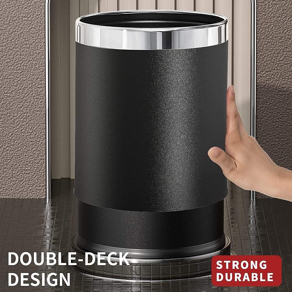 Open Top Metal Trash Can - Black Round Waste Basket for Hotel, Restaurant & Office Use - Durable Garbage Bin for Commercial Spaces, Reception Areas & Housekeeping