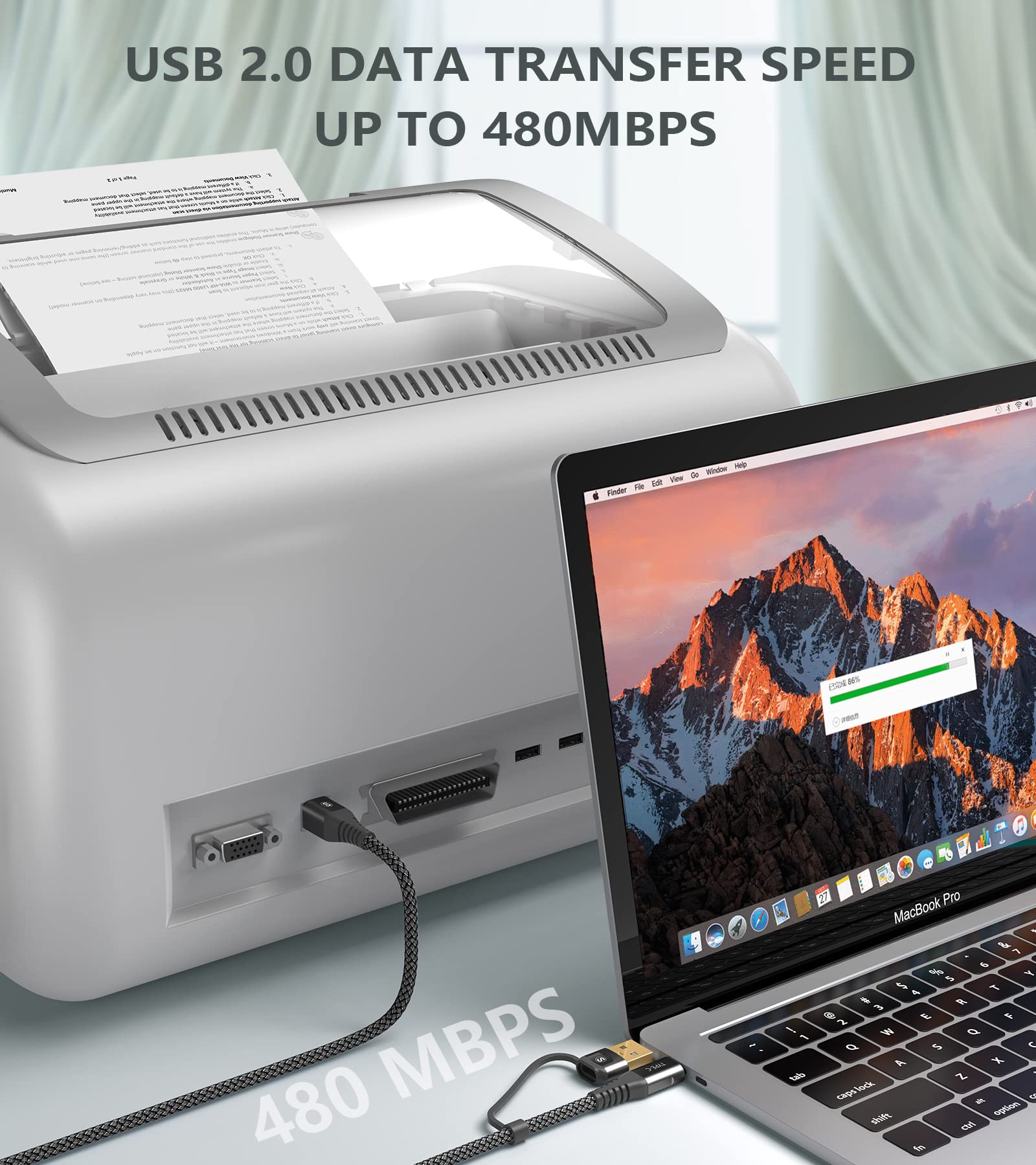 2-in-1 USB-A/C to USB-B Printer Cable 20FT - High Speed Braided USB C MIDI Cable for HP/Canon/Dell/Epson/Brother/Samsung Printers, MacBook Pro/Air, Digital Piano MIDI Controller - Durable & Tangle-Free (Black) - Perfect for Home Office, Studio & Music Production