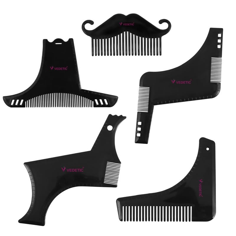 VEDETIC® Professional Beard Shaping Tool & Comb Set for Men - 5 Pack Black Grooming Kit with Multi-Purpose Design for Home & Salon Use - Perfect for Beard Trimming, Styling & Daily Grooming Routine