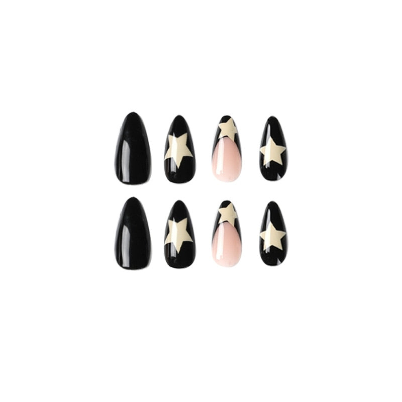 24pcs/Box Y2K Fake French Press On Nails - Long Stiletto Almond Shape False Nails with Star Designs, Full Cover Nail Tips for Parties, Weddings & Special Occasions