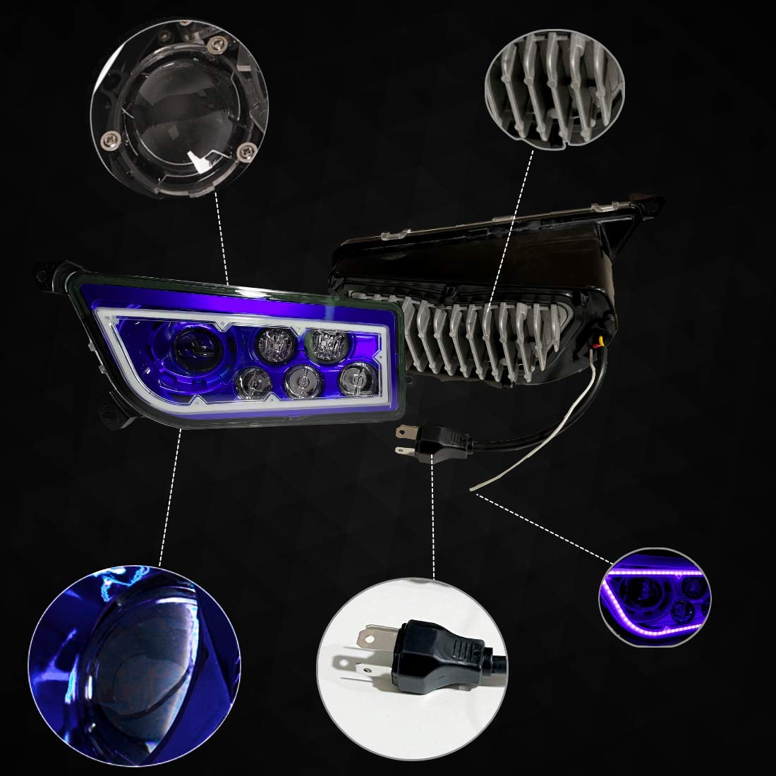 SLK-Lights Blue LED Headlight Kit for Polaris RZR 900/1000 XP Turbo & General (2015-2021) - Durable Off-Road Lighting with Blue Halo Ring - Perfect for Night Trail Riding & Off-Road Adventures