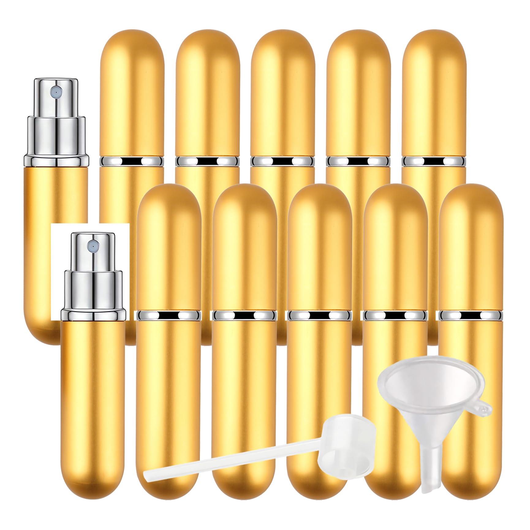 PQPAUTY 48-Pack 5ml Mini Empty Gold Aluminum Round Perfume Bottles - Refillable Glass Perfume Atomizer, Travel Size Portable Spray Bottle for Cologne & Fragrance - Perfect for Travel, Gym, Purse & Gift Giving (Unisex for Women & Men)