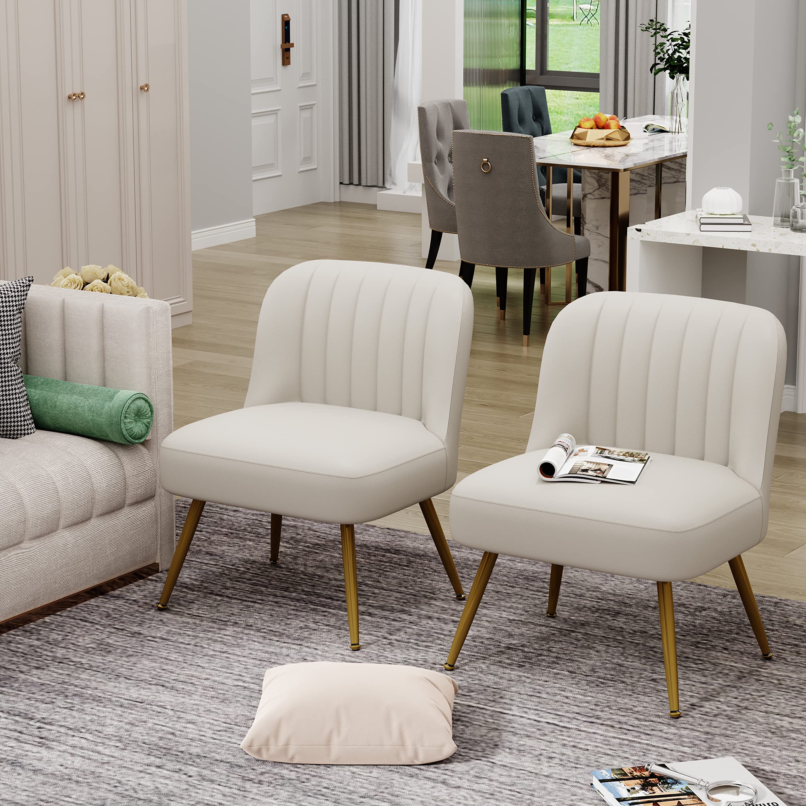 Andeworld 2-Piece Modern Accent Chair Set - Faux Suede Upholstered Armless Living Room Chairs with Golden Legs, Elegant Small Side Club Chairs for Bedroom, Living Room & Office - Beige