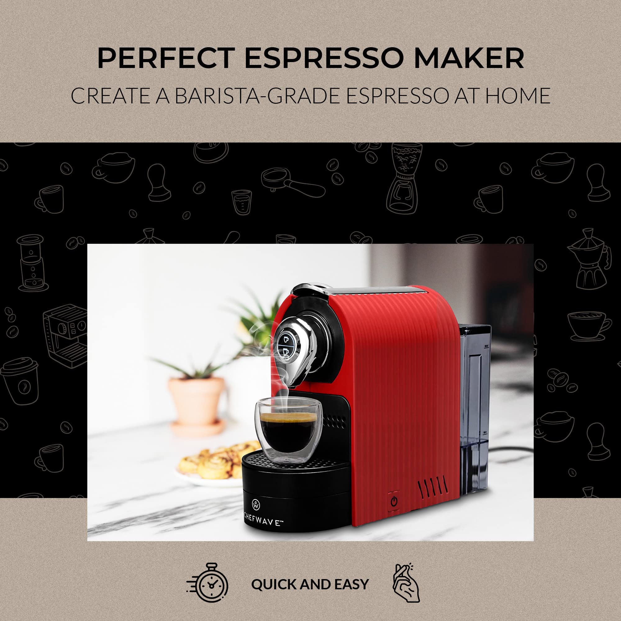 ChefWave Mini Espresso Machine for Nespresso Pods - Programmable One-Touch Coffee Maker with Water Tank & Pod Holder, Includes 2 Double-Wall Glass Cups & 20 Bestpresso Intenso Capsules - Perfect for Home, Office or Gifts (Red)