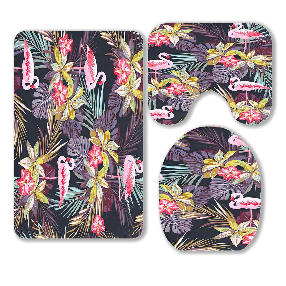 Tropical Summer Flamingo & Exotic Plants 3-Piece Bathroom Rug Set - Non-Slip Bath Mat, Contour Rug & Toilet Lid Cover | Soft & Absorbent for Bathroom, Poolside & Beach House Decor