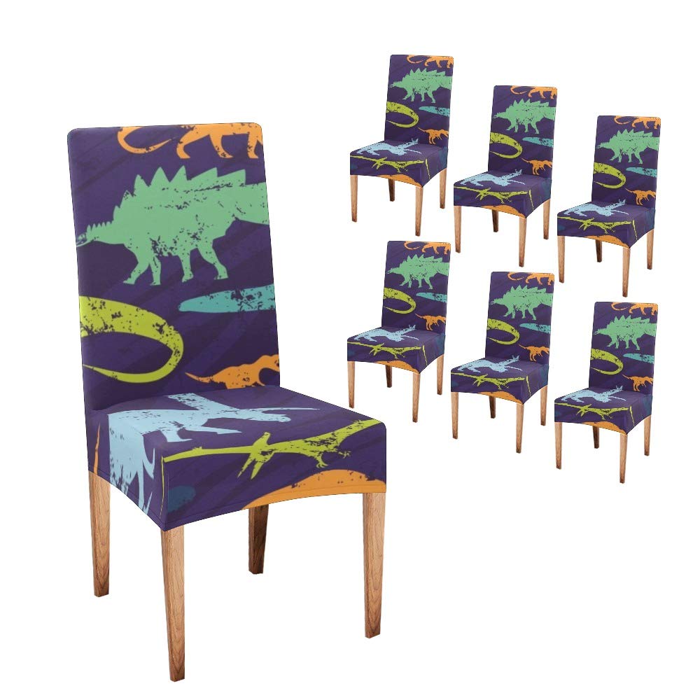 Dino Pattern Dining Chair Covers - Set of 6 Stretchable Slipcovers for Kitchen, Restaurant & Party Decor | Dinosaur Themed Seat Protectors for Home, Wedding & Birthday Celebrations