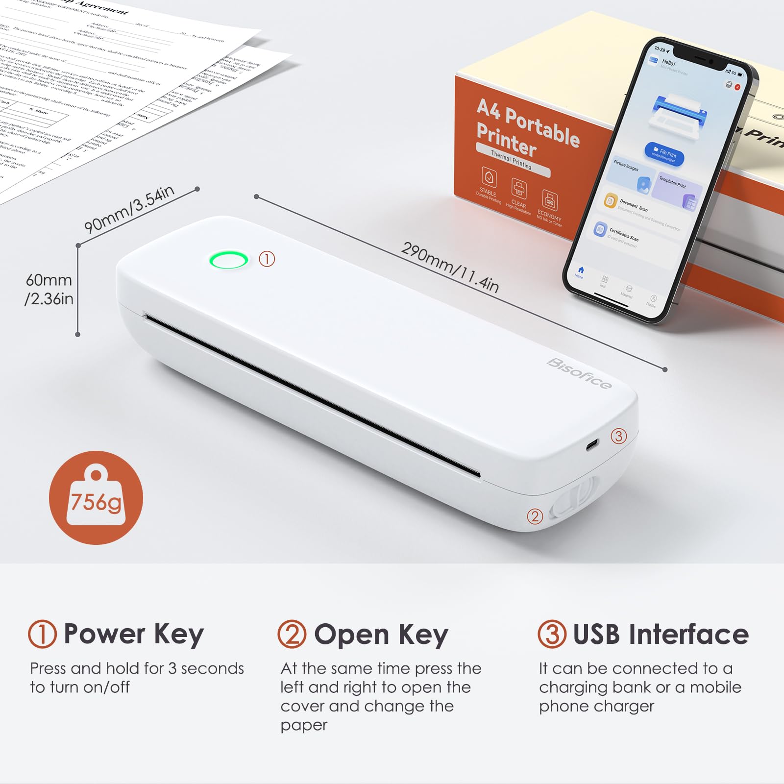 Bisofice L81 Wireless Thermal Printer - Portable Inkless A4 Printer for Android & iOS, Bluetooth Compatible for 2