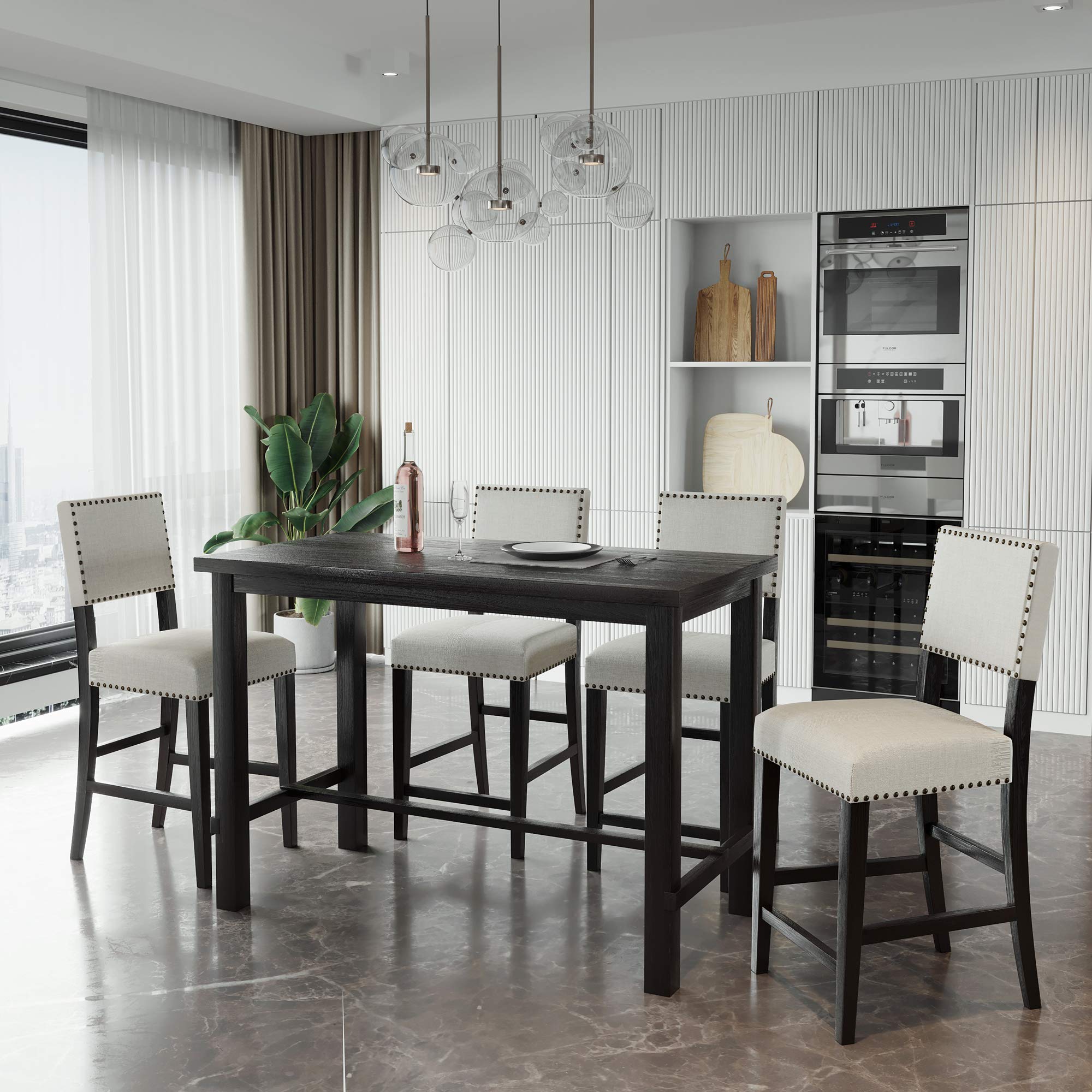 P PURLOVE 5-Piece Counter Height Dining Table Set for 4 - Modern Kitchen & Breakfast Nook Furniture with Table & 4 Cushioned Chairs - Perfect for Small Spaces, Apartments & Cozy Dining Rooms