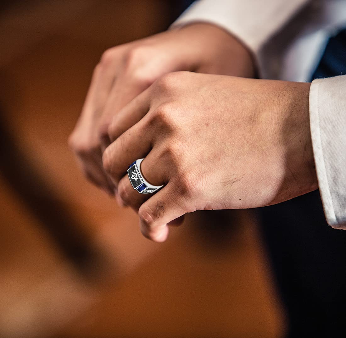 8mm Two-Tone Sterling Silver Blue Lodge Master Mason Ring - Simulated Sapphire Men's Band (Size 8-13) | US Jewels & Gems | Perfect for Freemason Ceremonies, Gifts & Everyday Wear