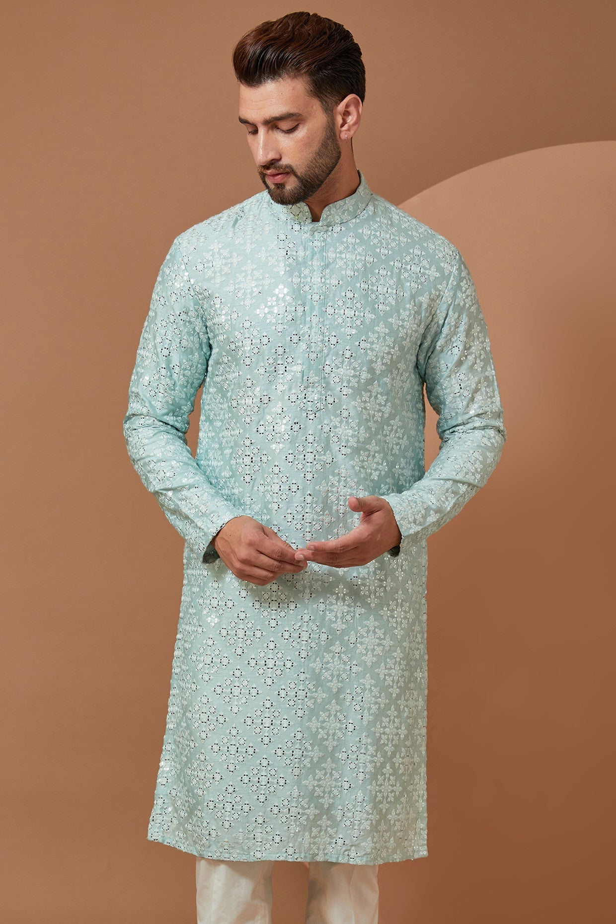 Stylish Ice Blue Mirrorwork Kurta for Women - Elegant Embroidered Indian Tunic Top - Perfect for Festivals, Weddings & Casual Wear
