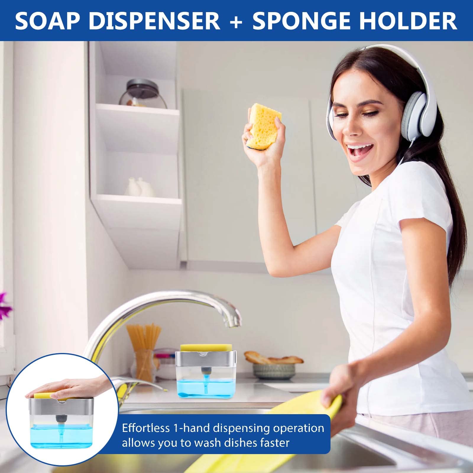 Kitchen Soap Dispenser with Sponge Holder - 13oz for Sink & Dish Washing