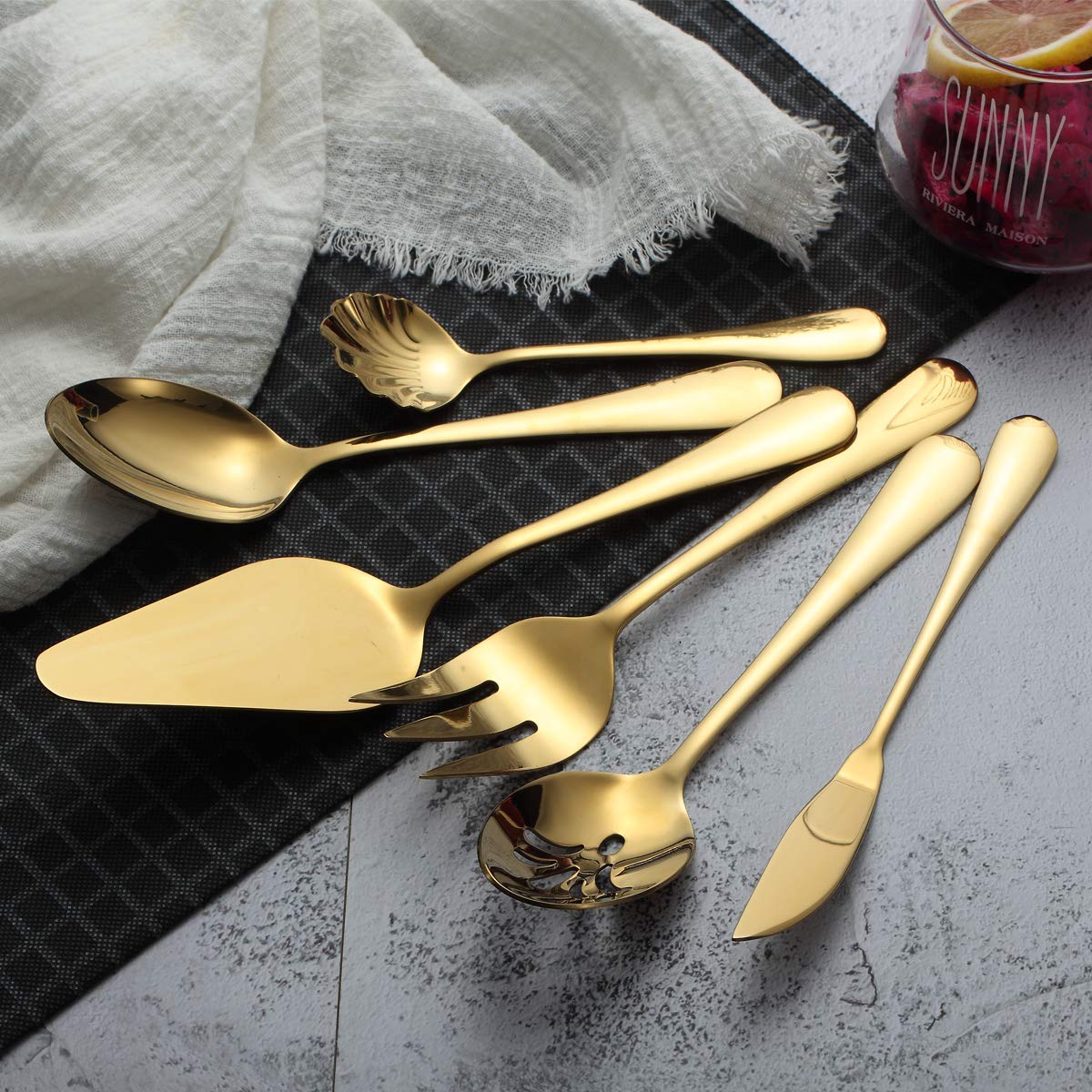 Berglander 6-Piece Stainless Steel Gold Titanium Plated Flatware Set - 5 Serving Utensils + Cake Server - Elegant Golden Silverware for Dinner Parties, Weddings & Formal Dining (Shiny Gold Finish)