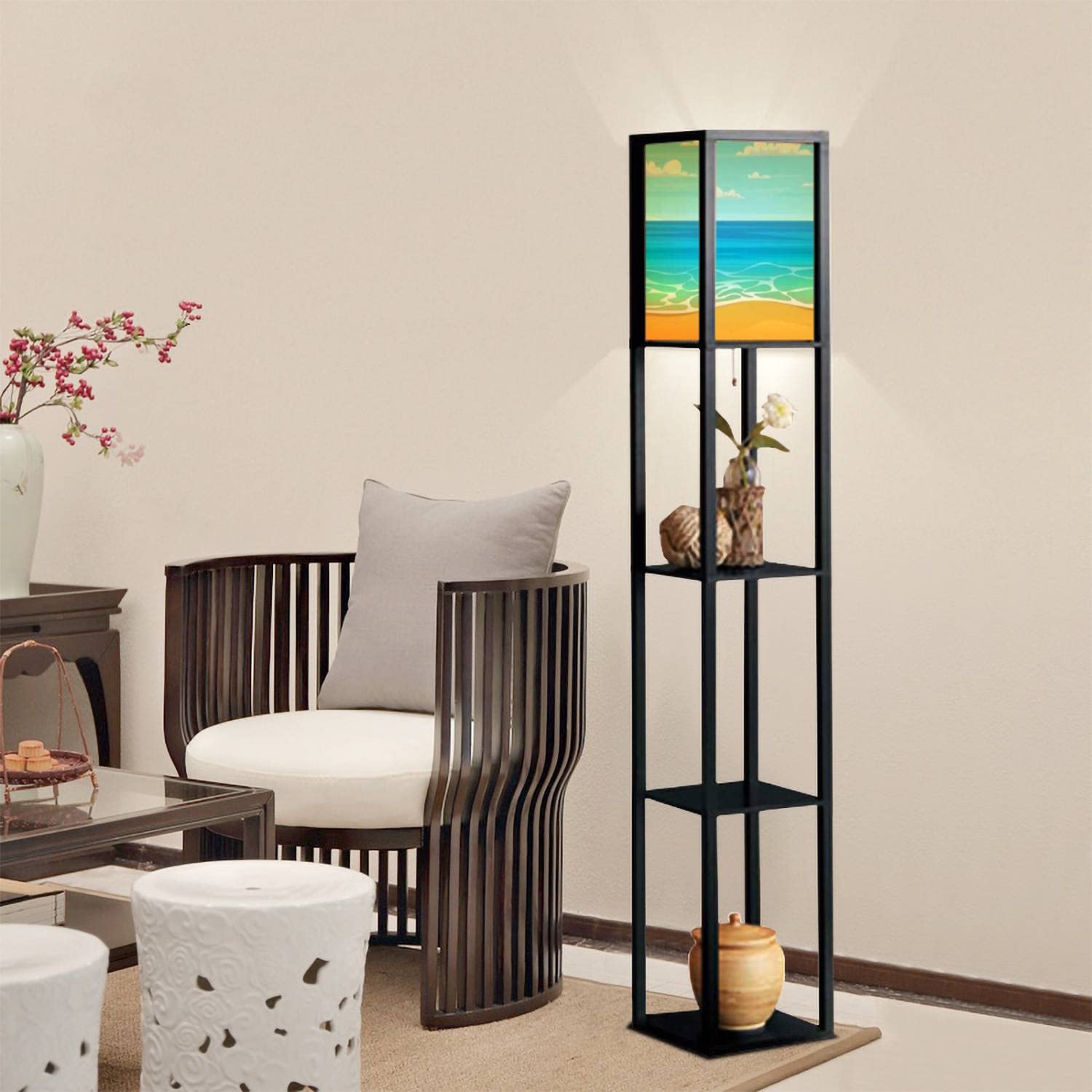 Cartoon Summer Beach Style Standing Lamp with Shelves - Flaxen Fabric Shade Floor Lamp for Living Room, Bedroom, Office - Tall Corner & Bedside Lighting for Home Aesthetic Decor (Perfect for Reading Nook, Coastal Theme Rooms & Relaxing Spaces)