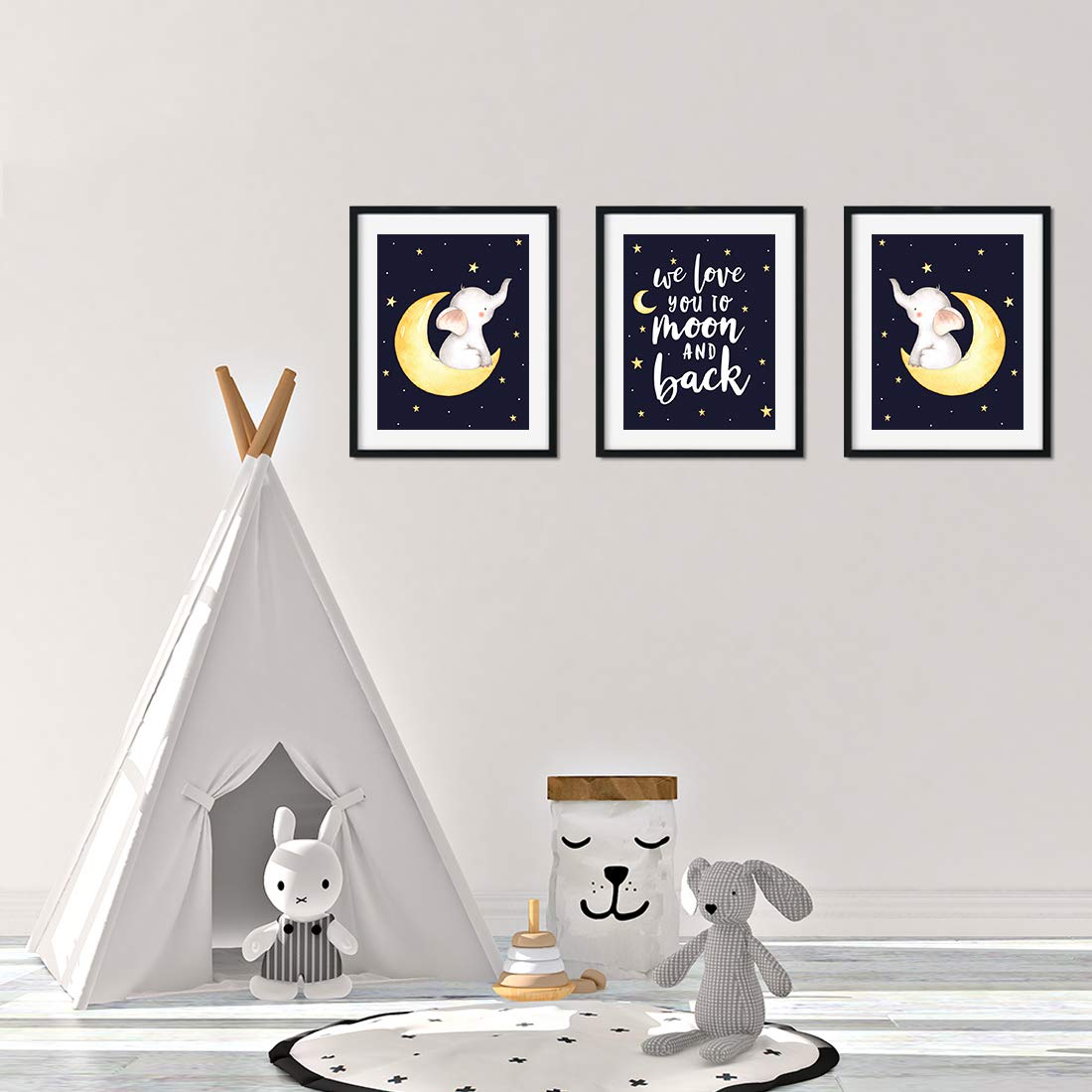 Andaz Press Nursery Kids Room Art - 3-Pack Unframed Wall Art Posters (8.5x11 Inch) - We Love You to The Moon and Back Elephant Graphic - Baby Room Decor, Nursery Wall Decor, Kids Bedroom Decor - Perfect for Baby Showers, Birthday Gifts & Nursery Theming