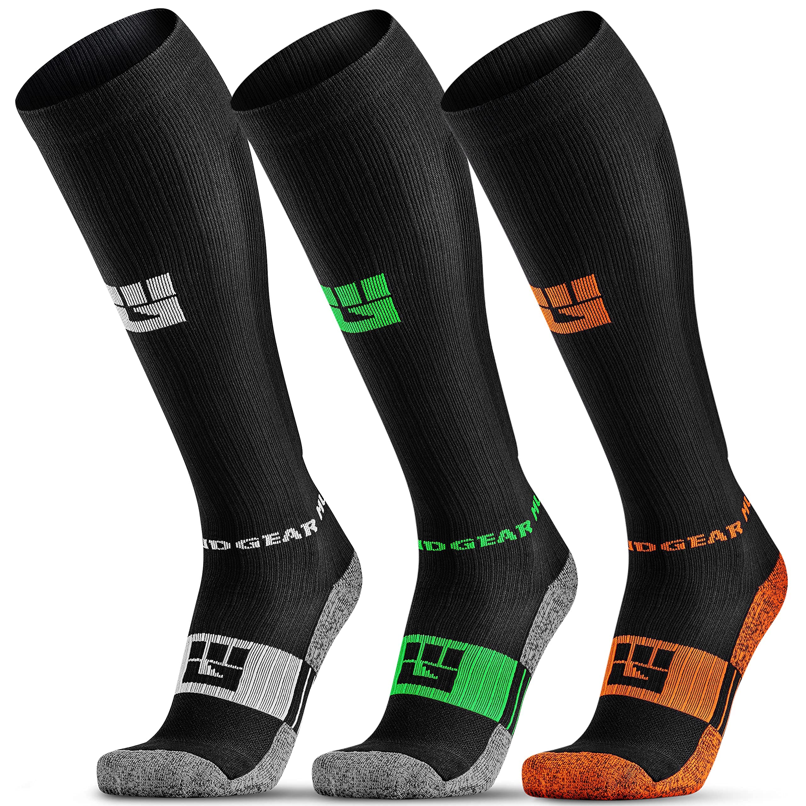 Premium Compression Socks 3-Pack for Running, Hiking & Recovery - Medium Size (Black/Gray, Black/Green, Black/Orange) - Improve Circulation & Reduce Swelling for Athletes, Travelers & Nurses