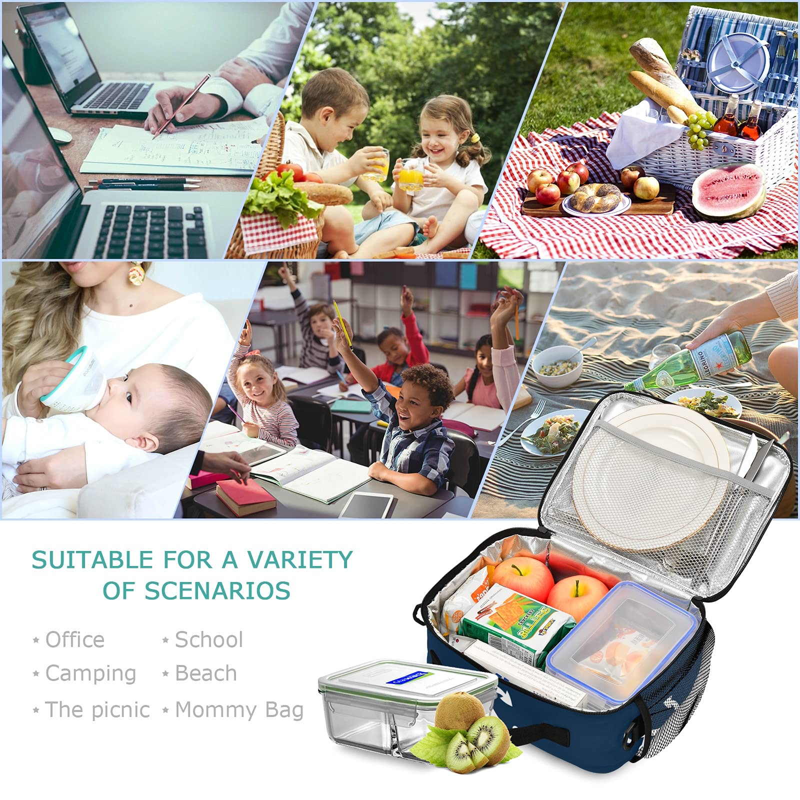 Insulated Blue Lunch Box with White Anchor Design - Reusable Cooler Lunch Bag for Women, Men, Kids - Perfect for School, Work, Picnic & Outdoor Activities