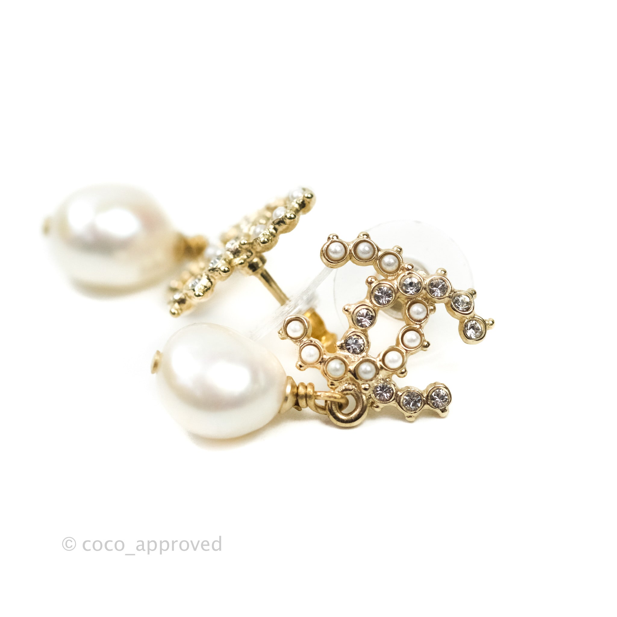 Chanel CC Pearl Drop Earrings with Crystal Accents in Gold Tone - Elegant Jewelry for Women | Perfect for Parties, Weddings & Special Occasions