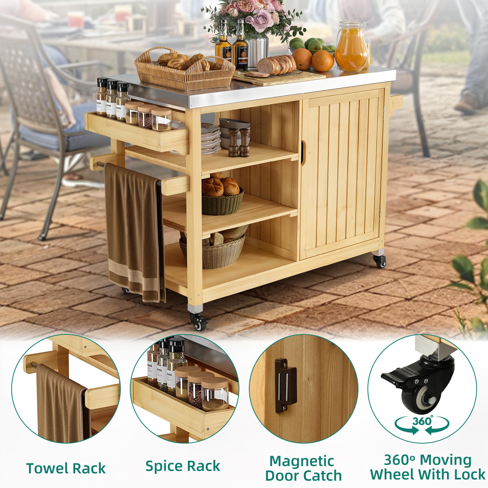 YITAHOME XL Solid Wood Outdoor Grill Cart with Stainless Steel Table Top & Spice Rack - 53.74
