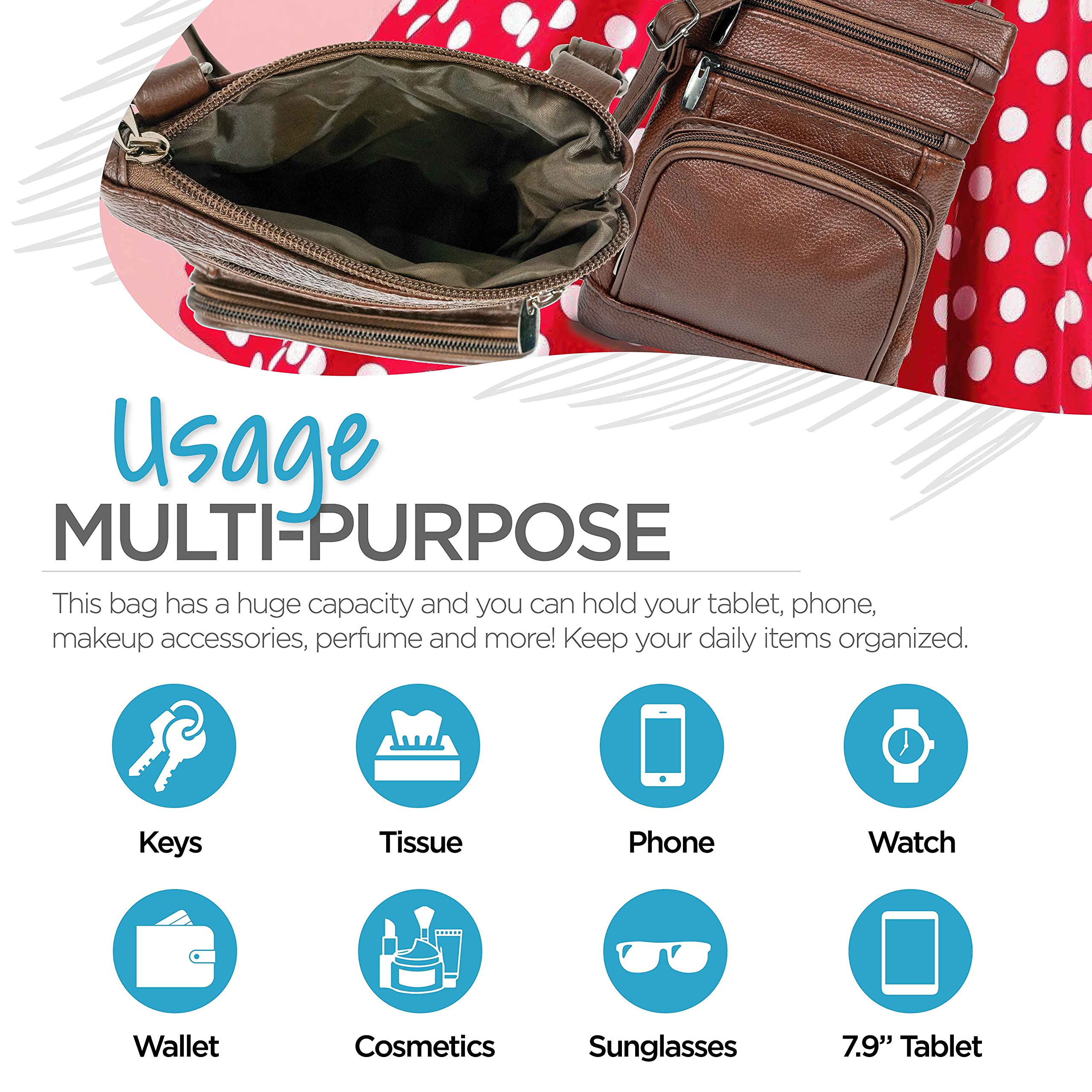 Krediz Genuine Leather Crossbody Purse for Women - Adjustable Strap, Multi-Pocket Design, Soft & Durable - Perfect for Travel, Shopping & Everyday Use