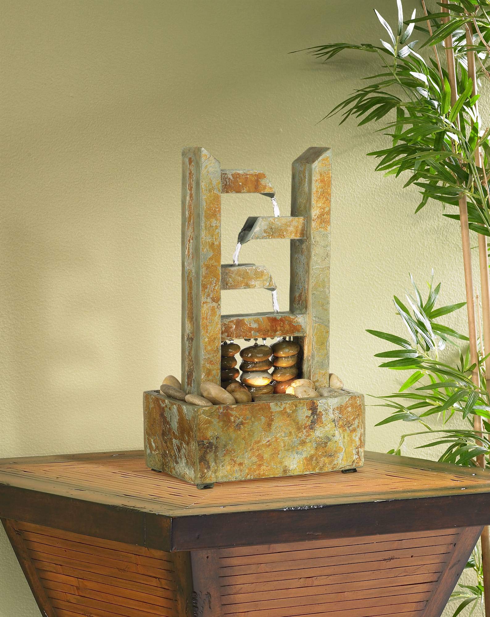 Zen Cascading Indoor Water Fountain with LED Light - Natural Slate Stone & River Rock Design - 17.25