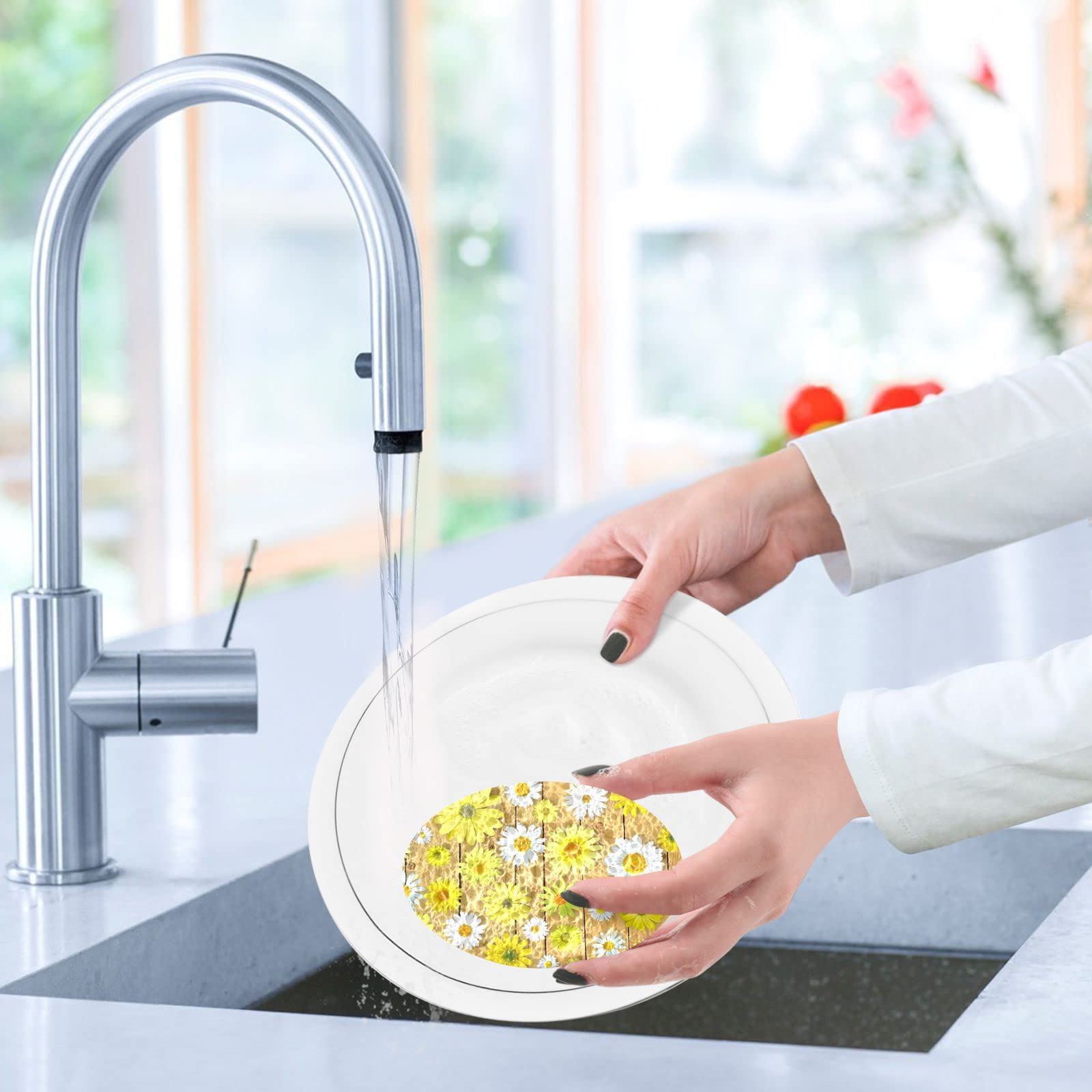 Kcldeci 3 Pack Kitchen Dish Scrub Sponge Pads - Yellow Daisy Design on Brown Wooden Scrubber, Durable Dishwashing Sponges for Household Cleaning, Perfect for Kitchen Sinks and Countertops