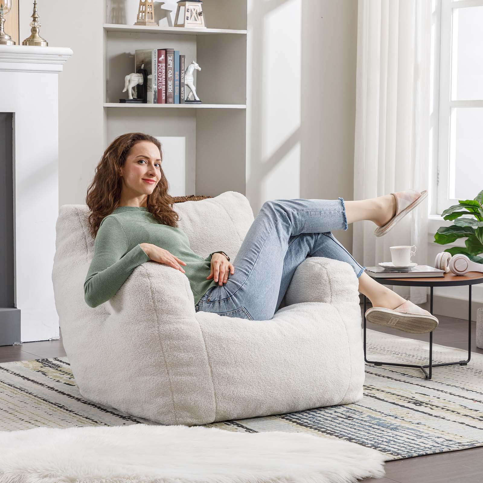 Antetek Ultra Soft Teddy Fabric Bean Bag Chair for Adults & Kids - Modern Accent Chair for Living Room, Bedroom, Apartment - Ivory | Cozy Seating for Relaxation, Gaming & Movie Nights