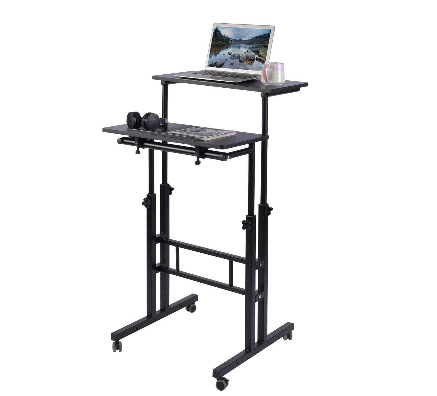 AIZ Mobile Standing Desk - Adjustable Height Rolling Laptop Cart with Wheels for Home Office | Portable Computer Workstation for Small Spaces | Standing & Sitting Ergonomic Desk (Black) - Perfect for Remote Work, Studio Apartments & Shared Workspaces