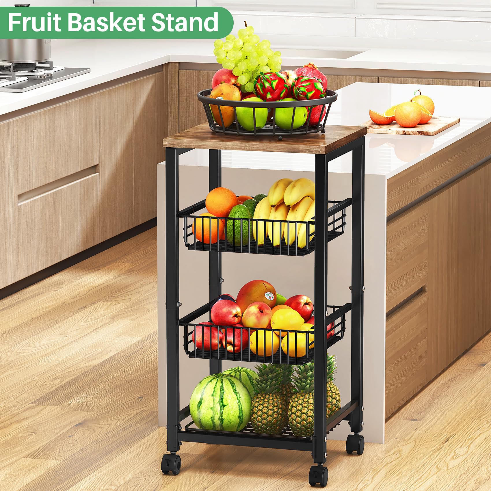 SNTD Pull Out Metal Wire Basket with Wood Top - Kitchen Pantry Organizer for Fruits, Vegetables, Onions, Potatoes & Snacks | Space Saving Storage Solution for Countertop, Cabinet or Pantry
