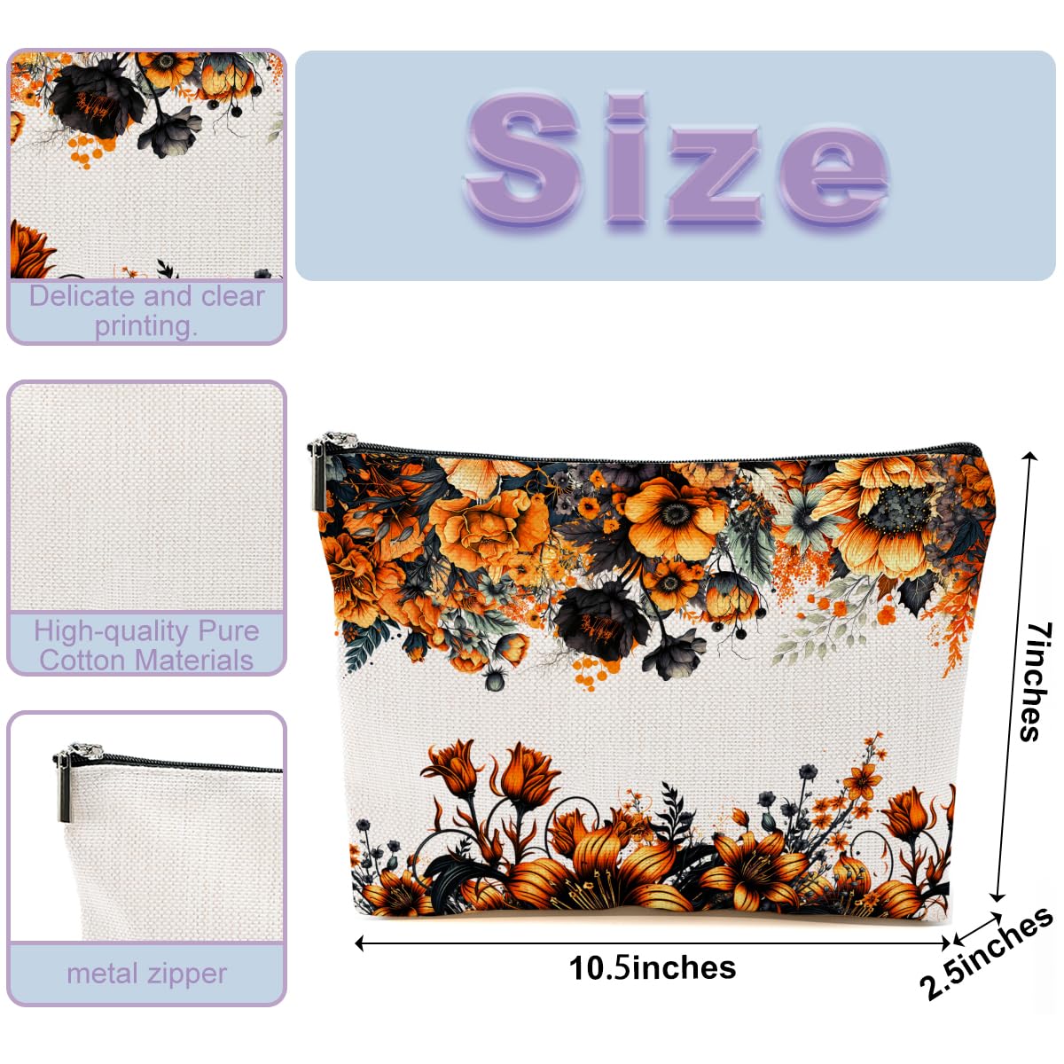 Floral Makeup Bag for Women - Autumn Themed Cosmetic Pouch with Zipper, Perfect Fall Gift for Her, Bestie, Girlfriend - Ideal for Travel, Holidays, Christmas, Thanksgiving, Halloween & Birthday Gifts
