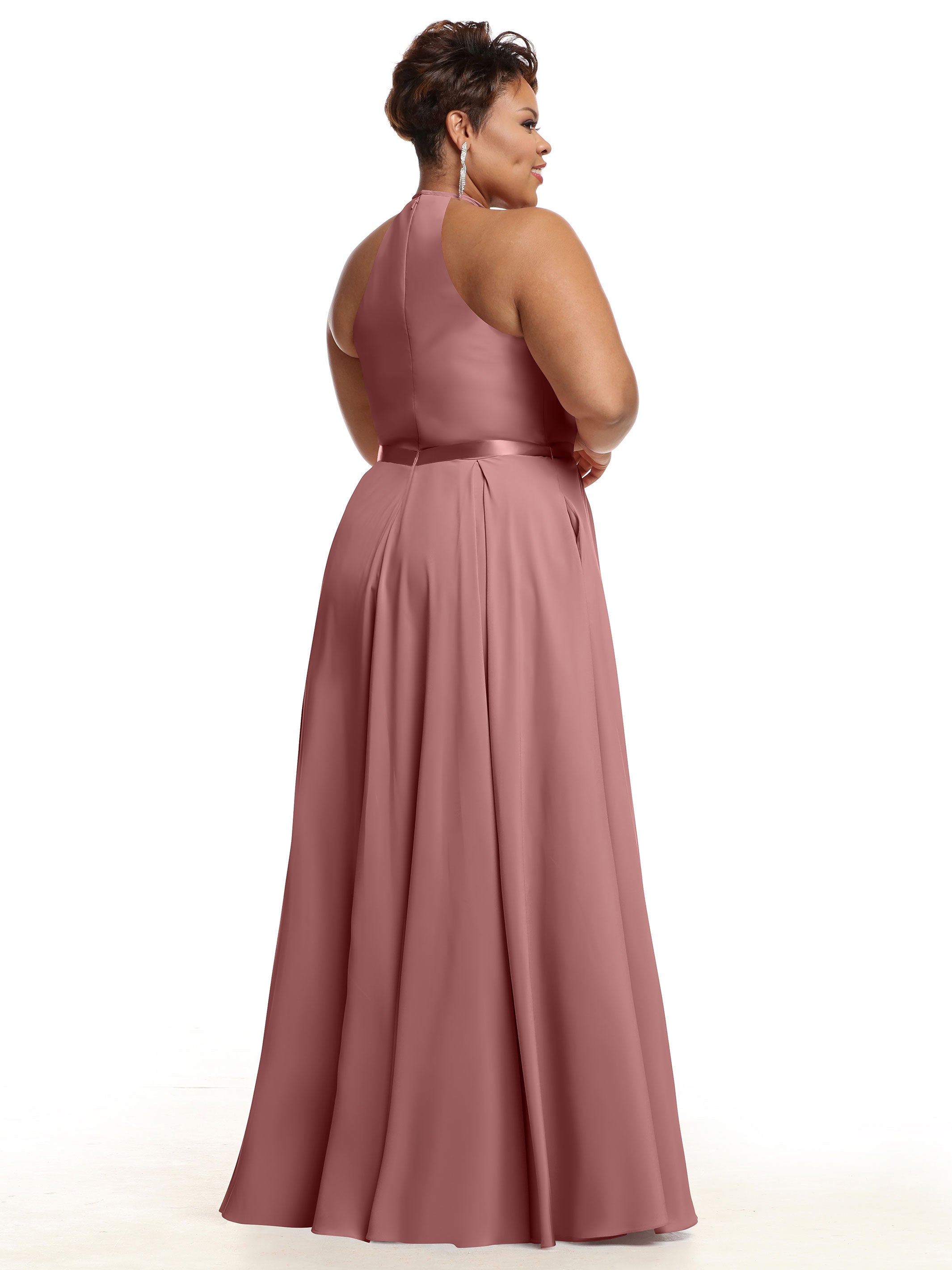Elegant A-Line Stretch Chiffon Bridesmaid Dress with Halter Neckline & Waist Belt - Perfect for Weddings, Parties & Formal Events