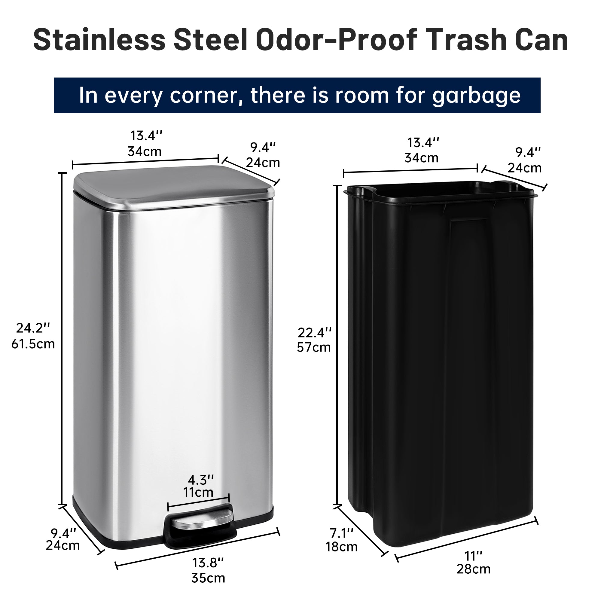 30L Stainless Steel Step Trash Can - Rectangular, Soft Close & Leak Proof Garbage Bin for Kitchen, Bathroom, Office | Durable & Odor-Free Waste Container | AMTC430