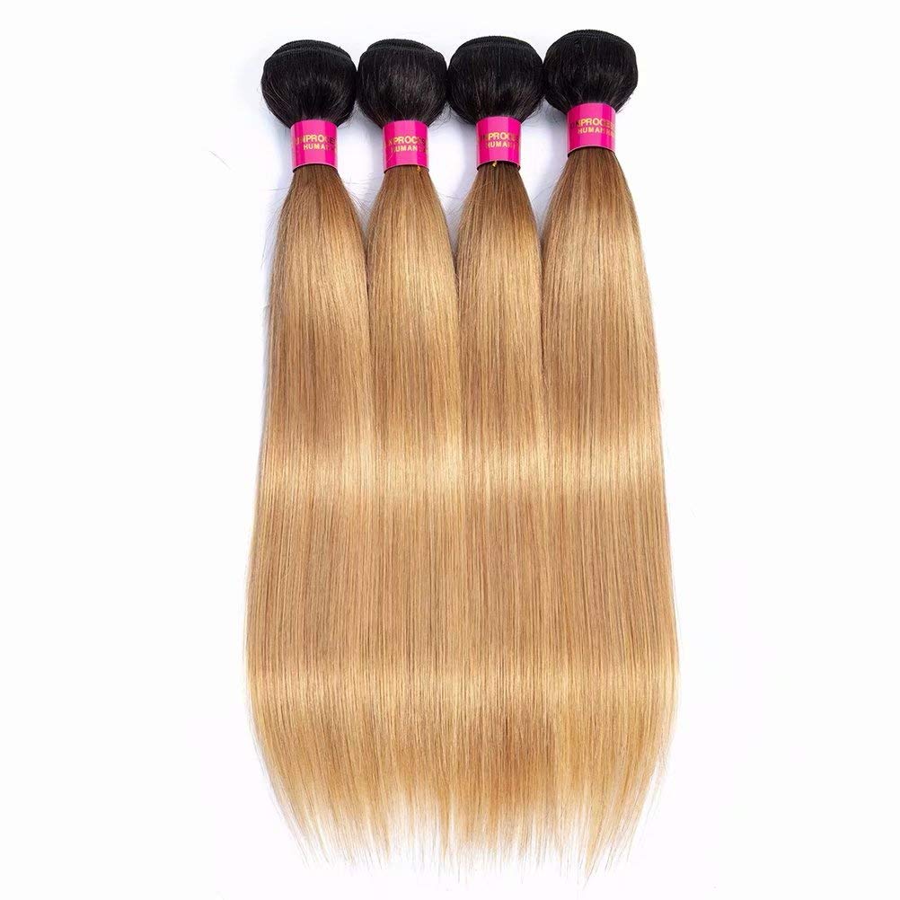 FEEL ME Ombre Brazilian Hair Weave 3 Bundles 10 12 14 Inch - 1B/27 Honey Blonde Straight Virgin Hair Extensions | 8A Mink Unprocessed Human Hair | Perfect for Daily Styling, Parties & Special Occasions
