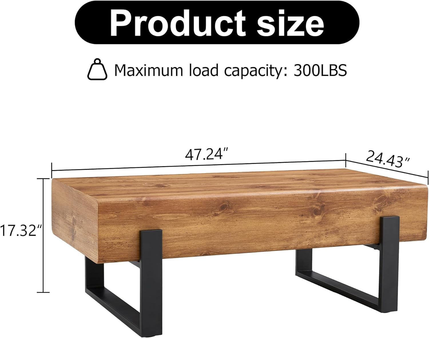 Rustic Rectangle Coffee Table - Modern Farmhouse Wooden Coffee Table with Sturdy Metal Legs, Living Room Center Table for Home Decor | Perfect for Farmhouse, Industrial & Contemporary Style Living Spaces