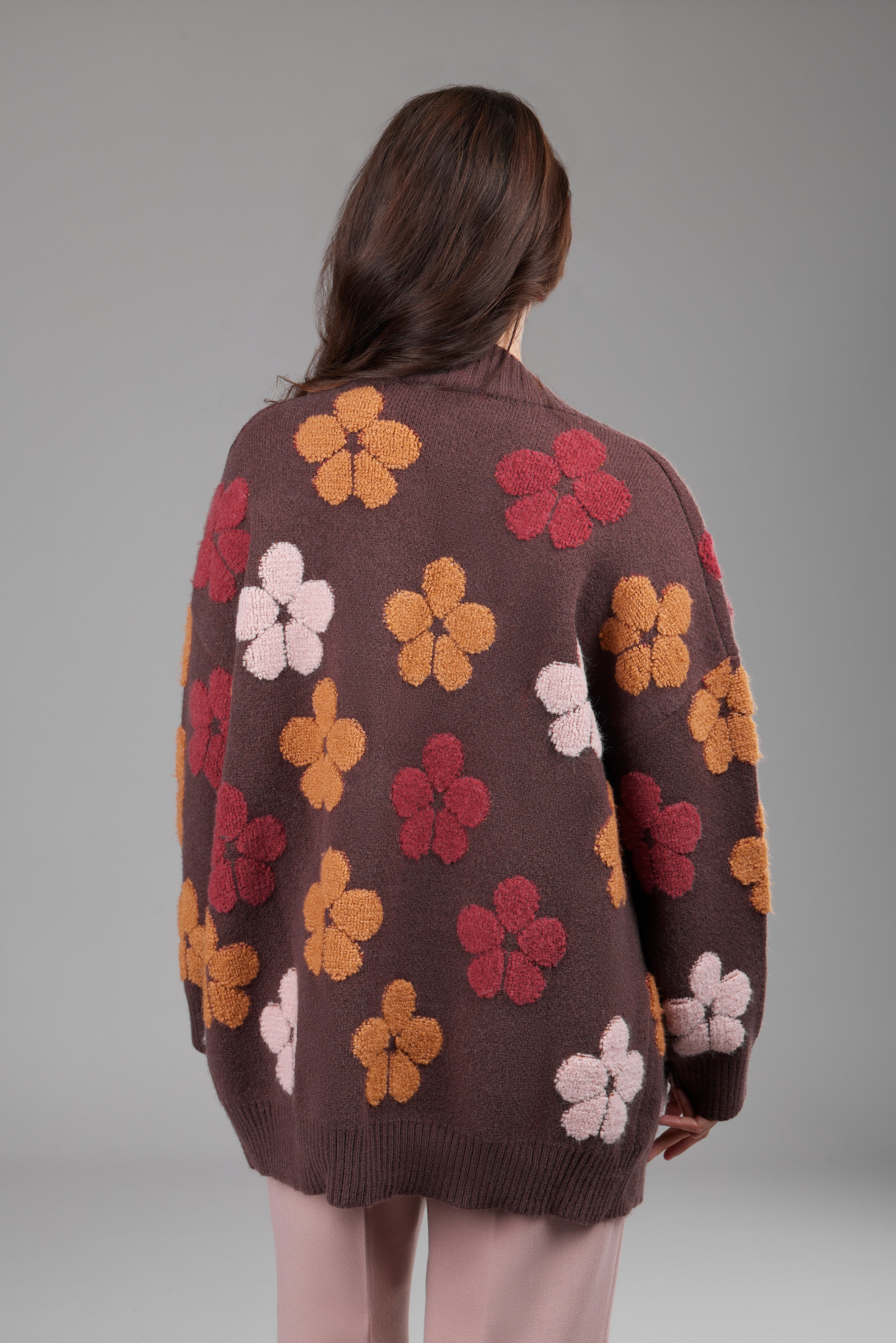 Brown Floral Knit Cardigan for Women - Soft & Cozy Open Front Sweater - Perfect for Fall, Winter & Casual Outfits