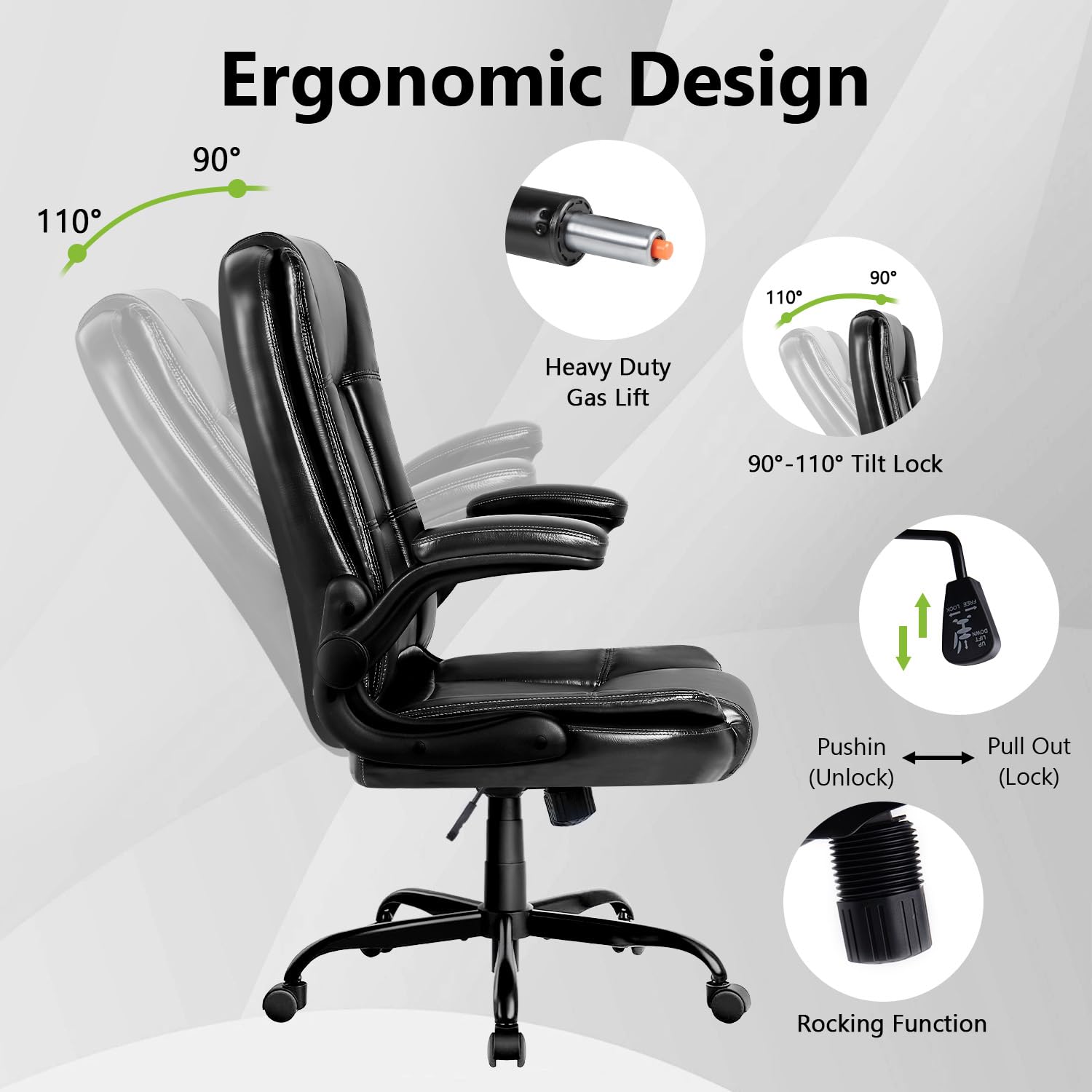 Premium Ergonomic Leather Office Chair - High Back Executive Desk Chair with Lumbar Support & Flip-Up Armrests for Home & Business Use - Black